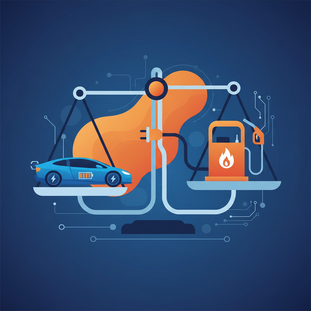 A symbolic scales of justice with an electric car and a gas pump, modern illustration style, blue and orange color scheme, no text