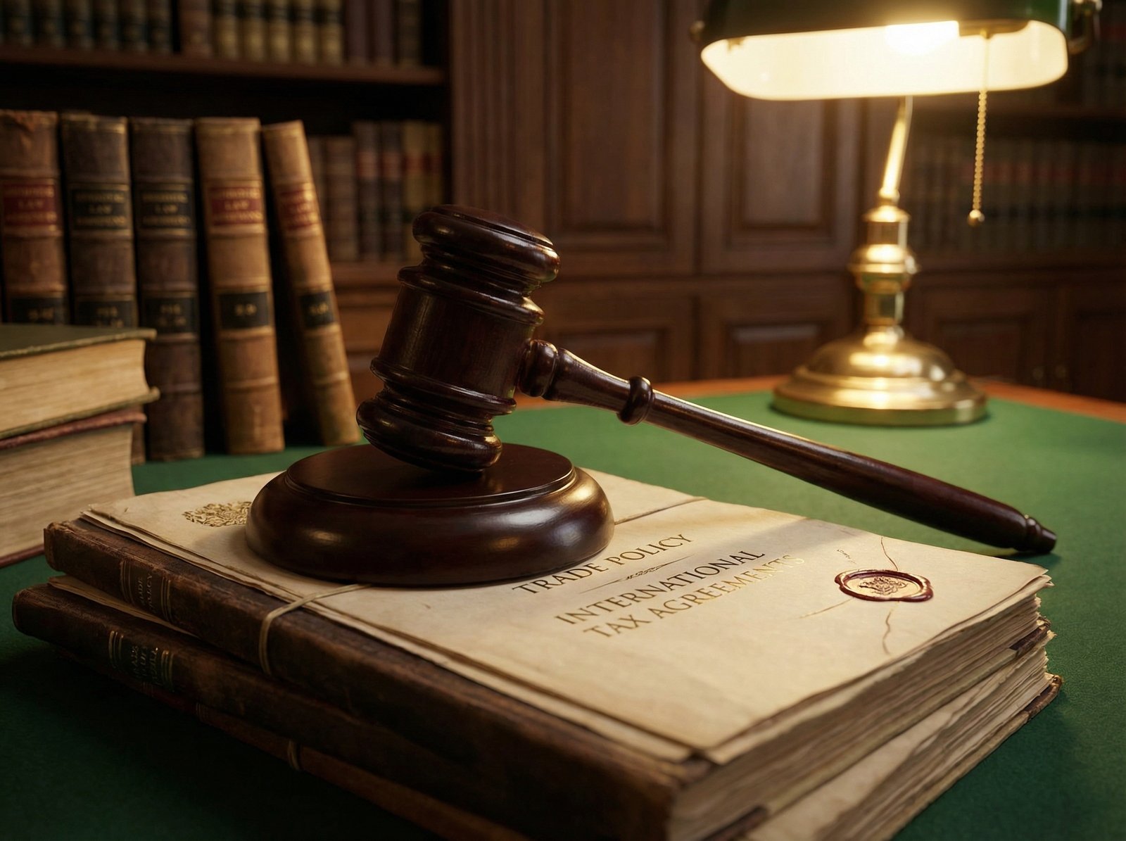 A wooden judicial gavel resting on a stack of official trade policy documents and international tax papers, soft dramatic lighting, professional legal setting, 4:3 aspect ratio, no text