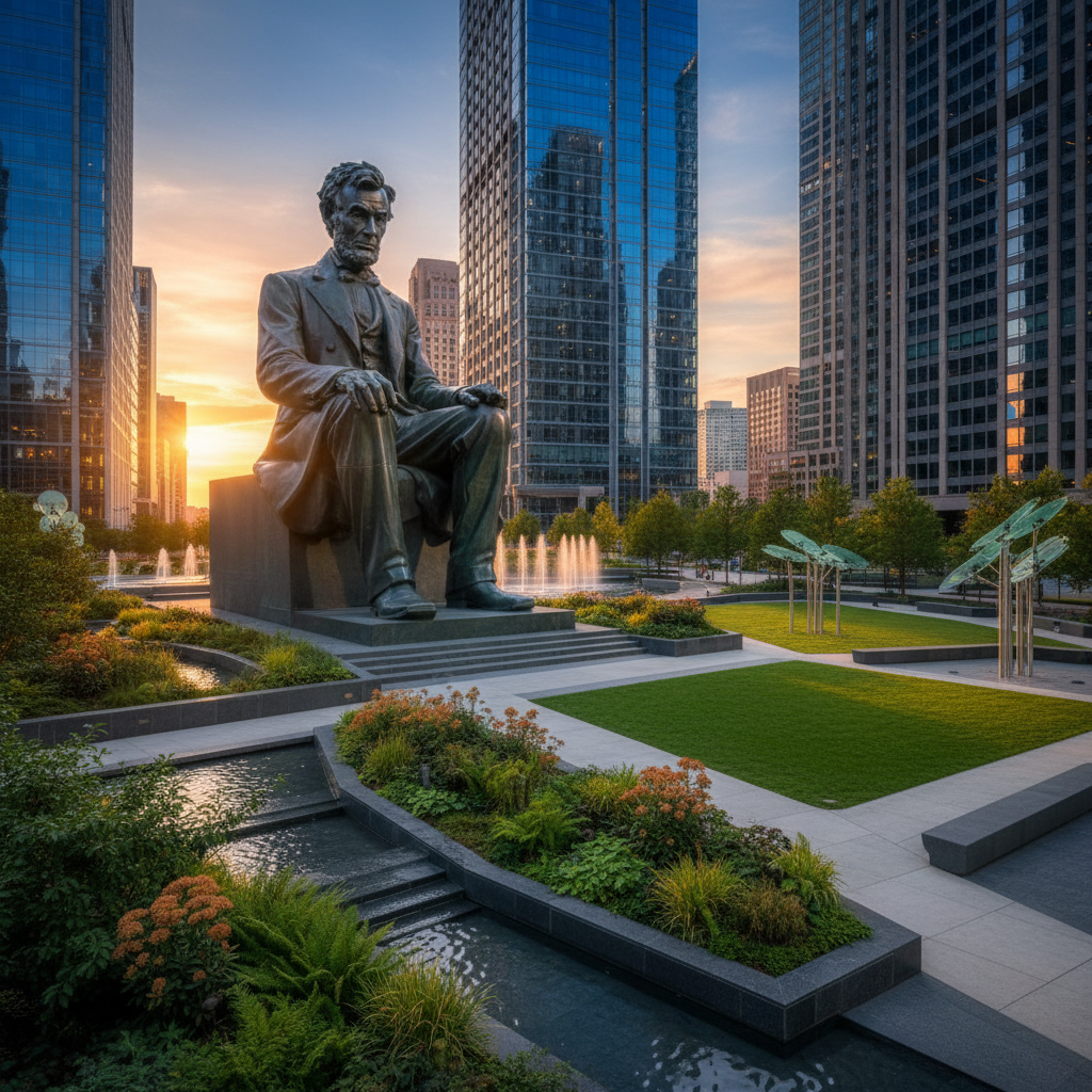 A grand statue of Abraham Lincoln integrated into a modern green city park, clean layout, high contrast, blue and orange tones, no text