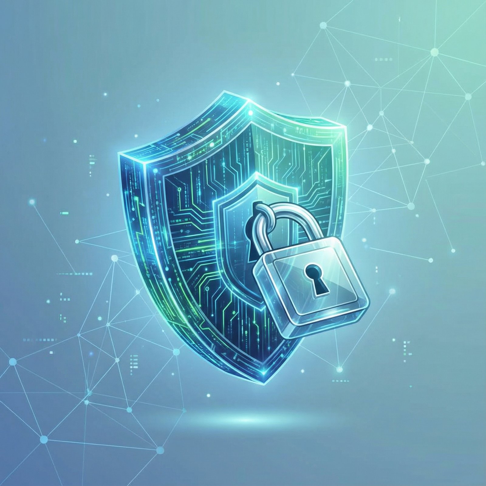 A sleek, modern illustration of a digital shield and a padlock icon floating over a subtle, abstract background of interconnected lines and data points, symbolizing data security and privacy. The color palette is cool blues and greens, in an informational style, aspect ratio 1:1, no visible text.