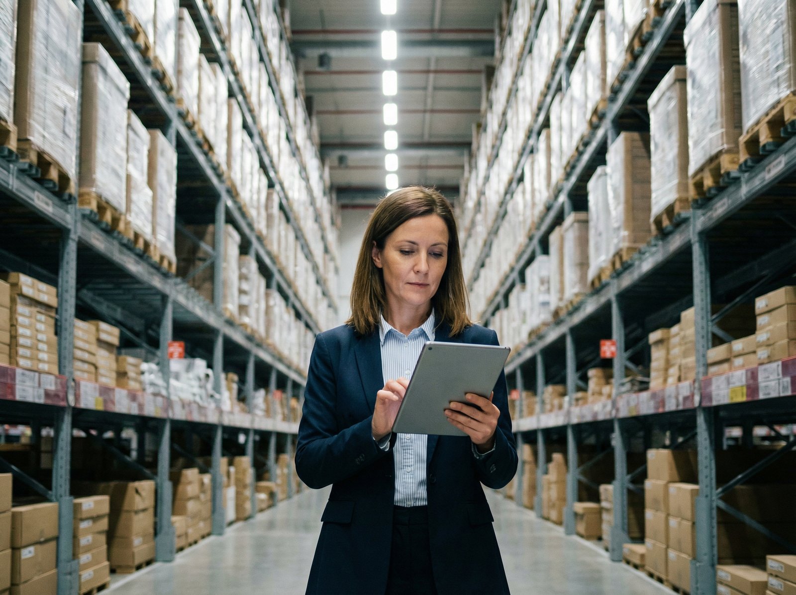 A focused logistics manager holding a digital tablet in a vast modern warehouse with organized shelves and soft industrial lighting, professional atmosphere, 4:3, no visible text