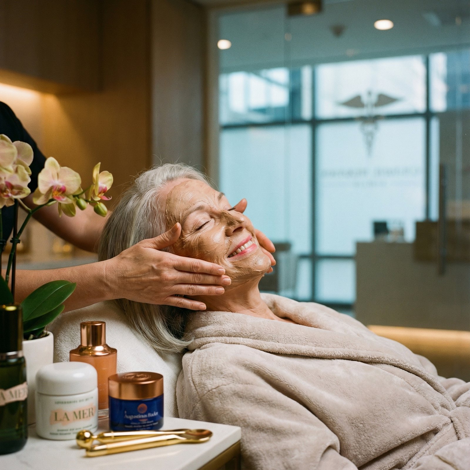 A sophisticated elderly woman enjoying a high-end spa treatment, with luxurious products around her. Soft, warm lighting. In the background, a subtle suggestion of modern healthcare facility, no visible text, 1:1 aspect ratio.