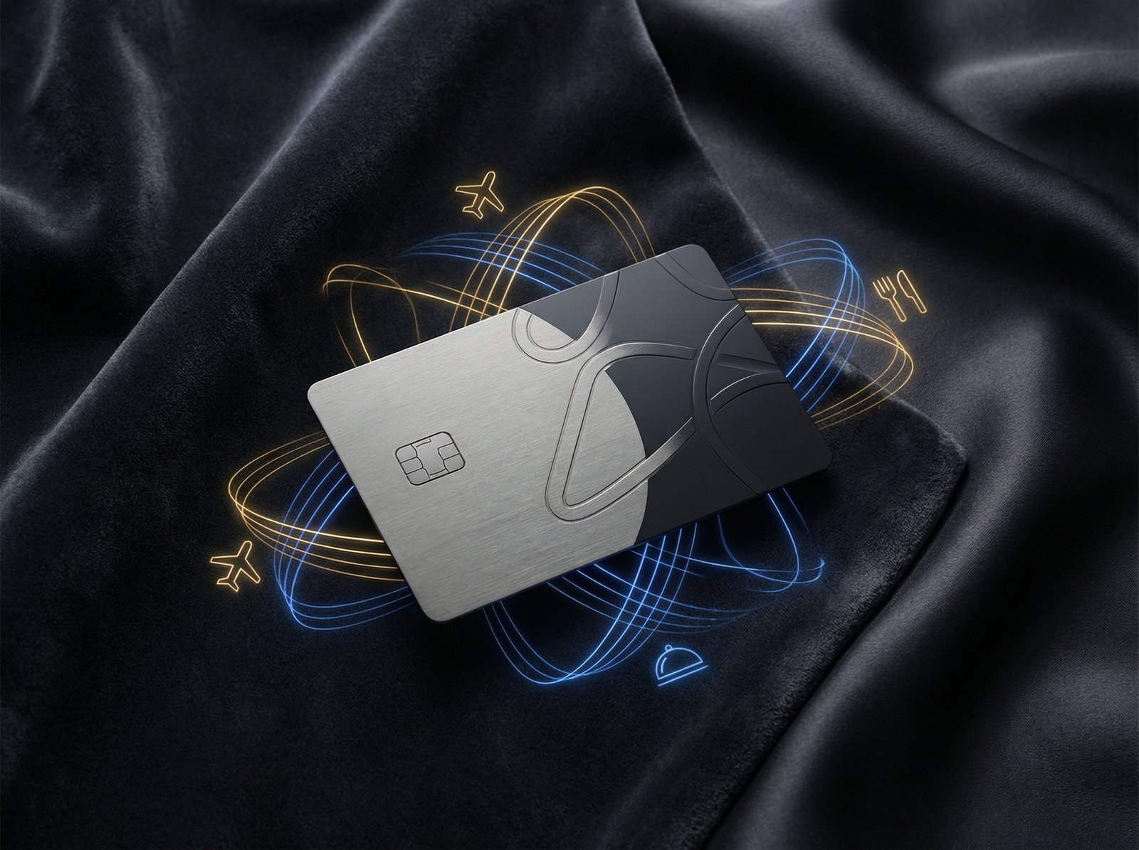 A sleek, modern credit card on a soft, luxurious background with subtle glowing lines representing benefits and perks. The card should have a sophisticated design, focus on premium aesthetics, no visible text, 4:3 aspect ratio.