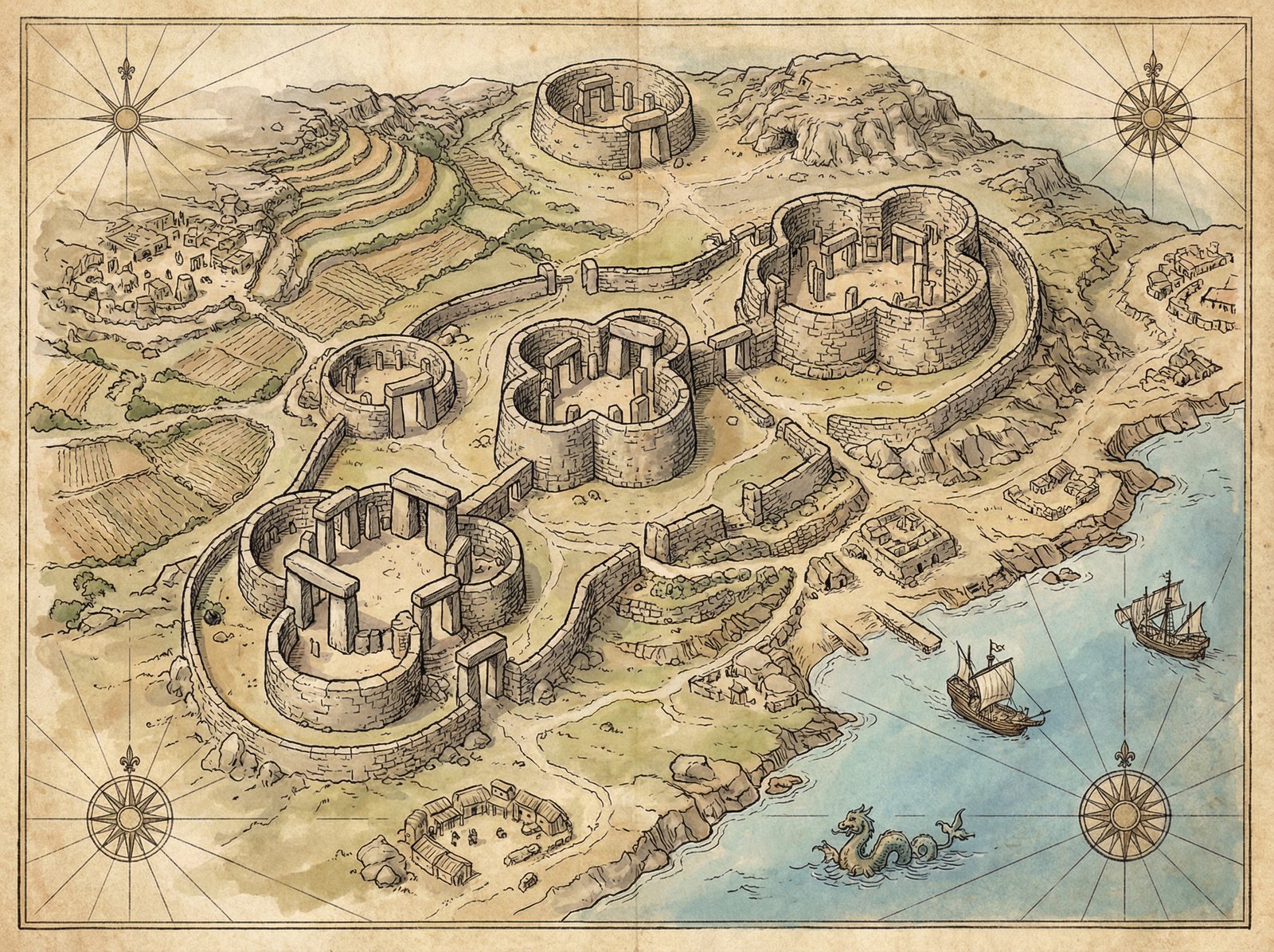Illustration showing an aerial overview of a megalithic temple complex in Malta, multiple ancient stone structures, surrounding landscape, historical map style, no visible text, 4:3 aspect ratio.