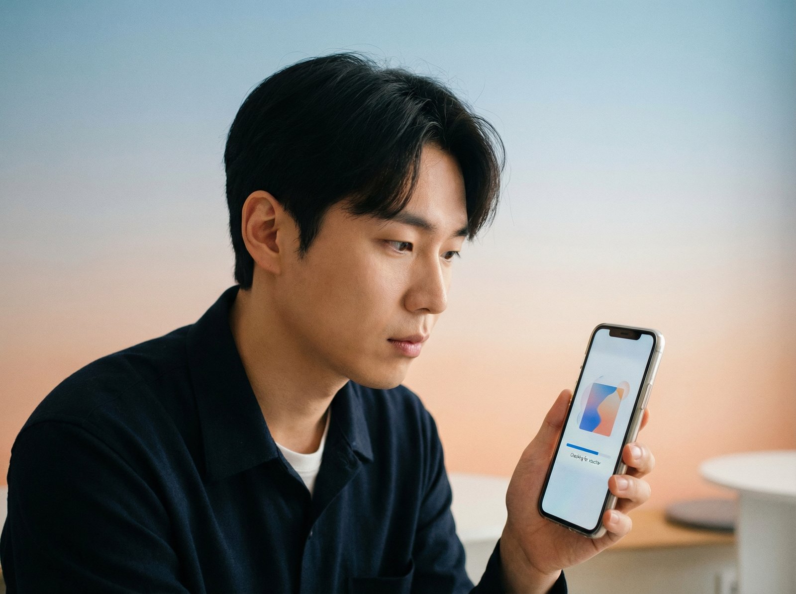 A person, Korean appearance, looking at a smartphone screen with a focused expression, checking eligibility for a voucher. Modern, clean setting with a gradient background. No visible text. Aspect ratio 4:3.