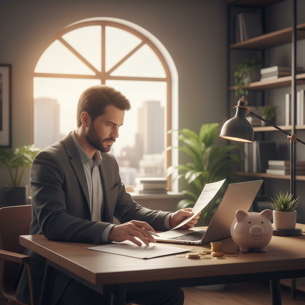 A professional person reviewing health insurance documents on a laptop with a piggy bank and coins nearby modern home office setting warm lighting no text