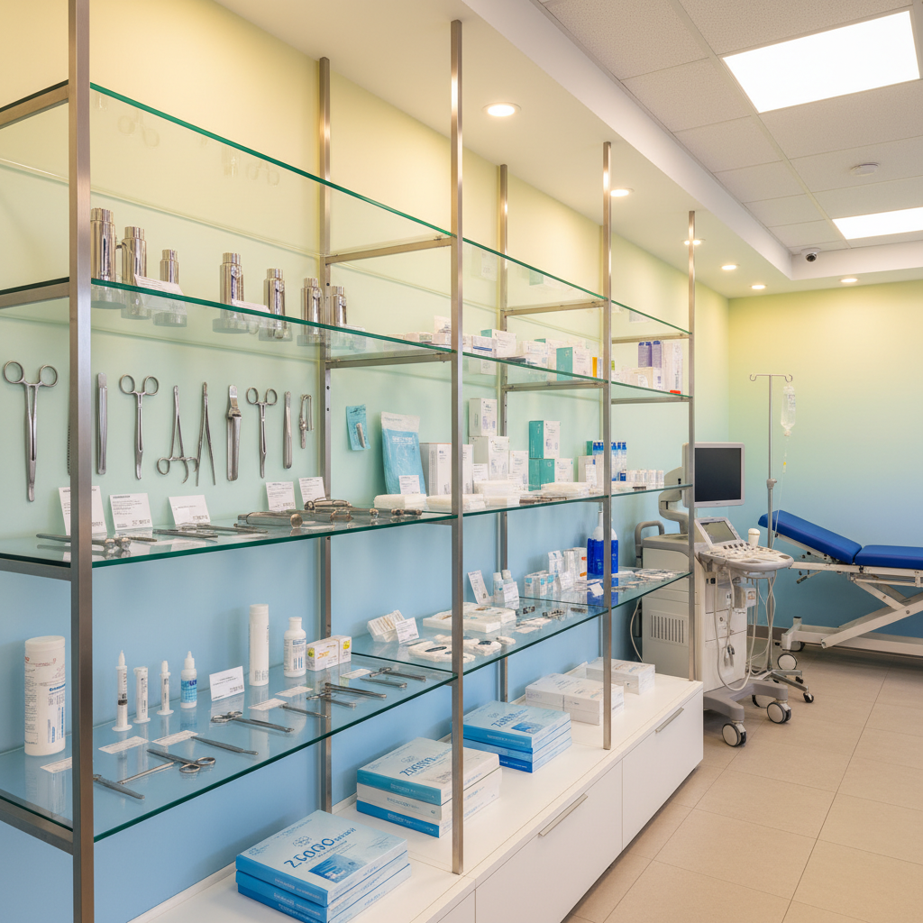 A professional medical supply setting with surgical products and healthcare equipment, lifestyle photography, warm hospital lighting, colored background, no text