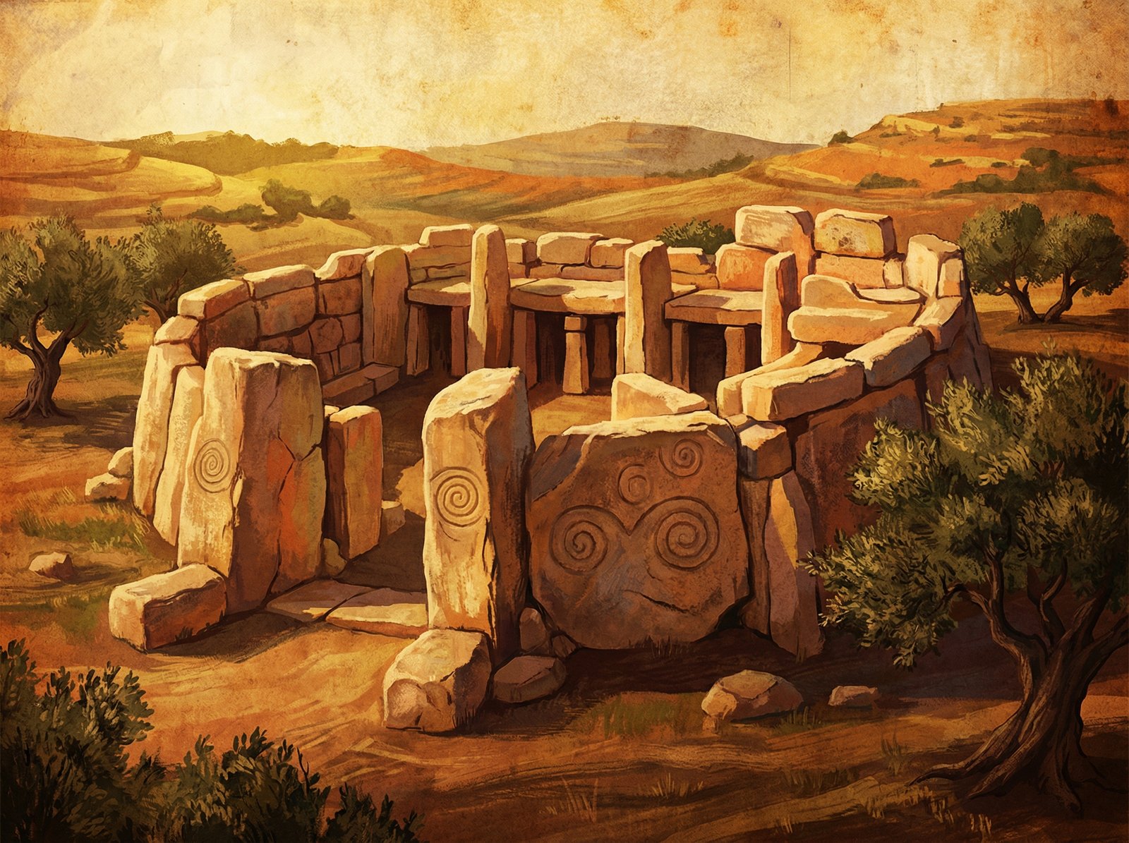 Illustration of a majestic megalithic temple in Malta, ancient stone structure, historical architecture, textured background, warm lighting, no visible text, 4:3 aspect ratio.