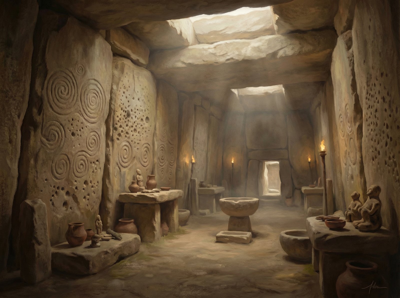 Artistic rendering of the interior of a megalithic temple in Malta, intricate stone carvings, ancient altars, mystical atmosphere, soft light filtering in, no visible text, 4:3 aspect ratio.