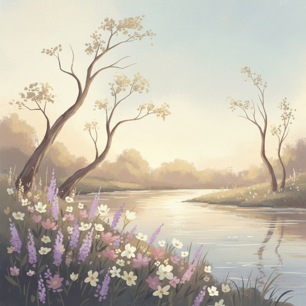 A peaceful scene with flowers placed near a riverbank under a soft light, artistic rendering, emotional atmosphere, no text