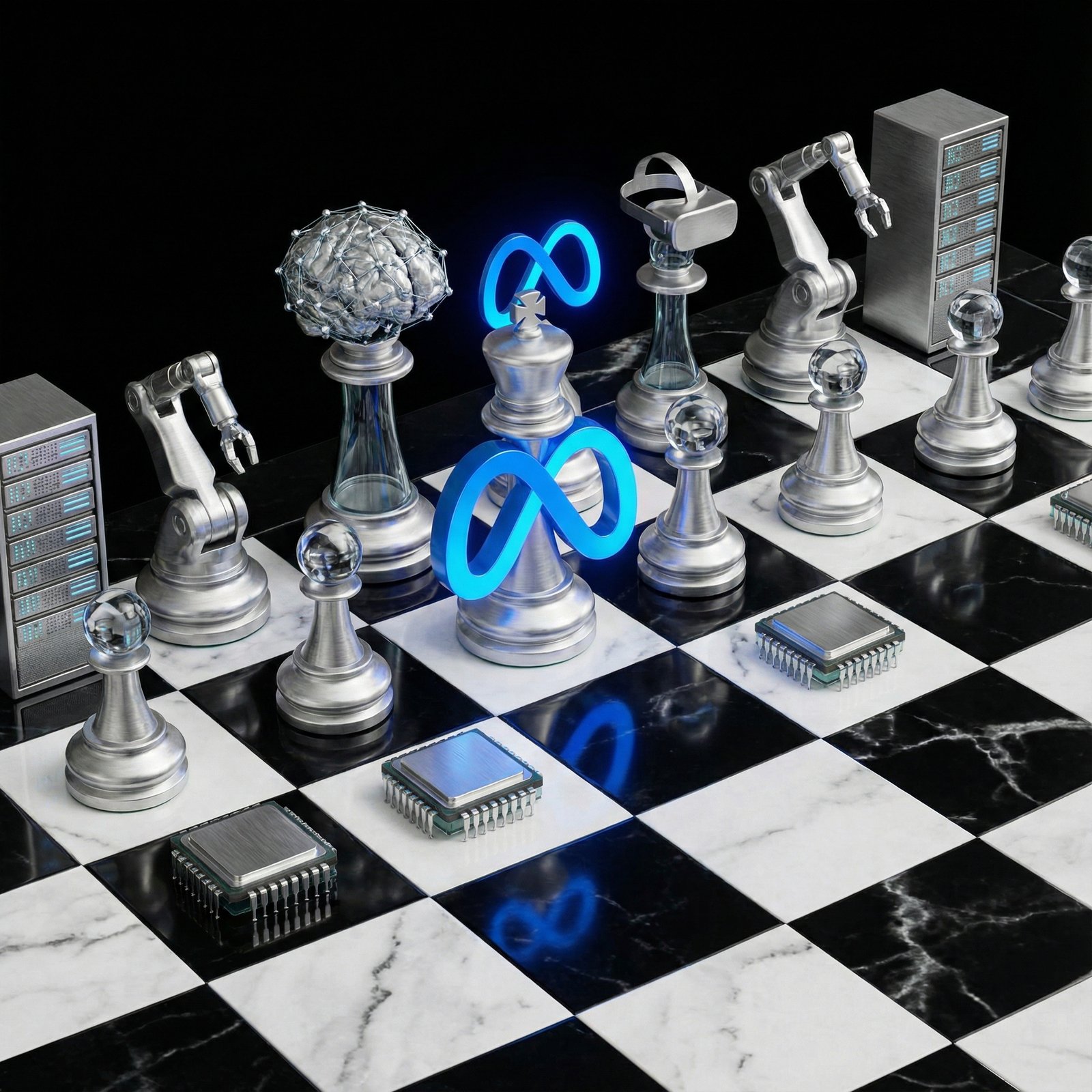 A strategic chessboard with Meta's logo as the king piece, surrounded by various AI-related chess pieces representing different acquisitions and investments, modern and clean style, high contrast, aspect ratio 1:1, no visible text