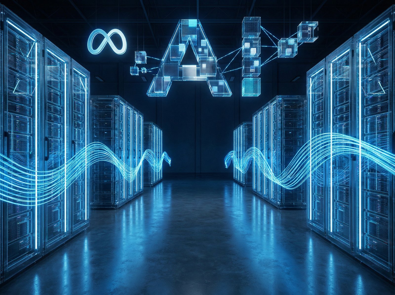 A futuristic server room with glowing blue data streams, representing advanced AI technology and corporate acquisition, clean infographic, modern layout, high contrast, aspect ratio 4:3, no visible text