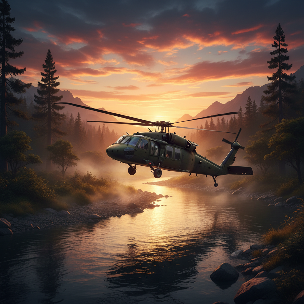 A US Army Black Hawk helicopter flying low over a river, cinematic lighting, realistic style, rich background, no text