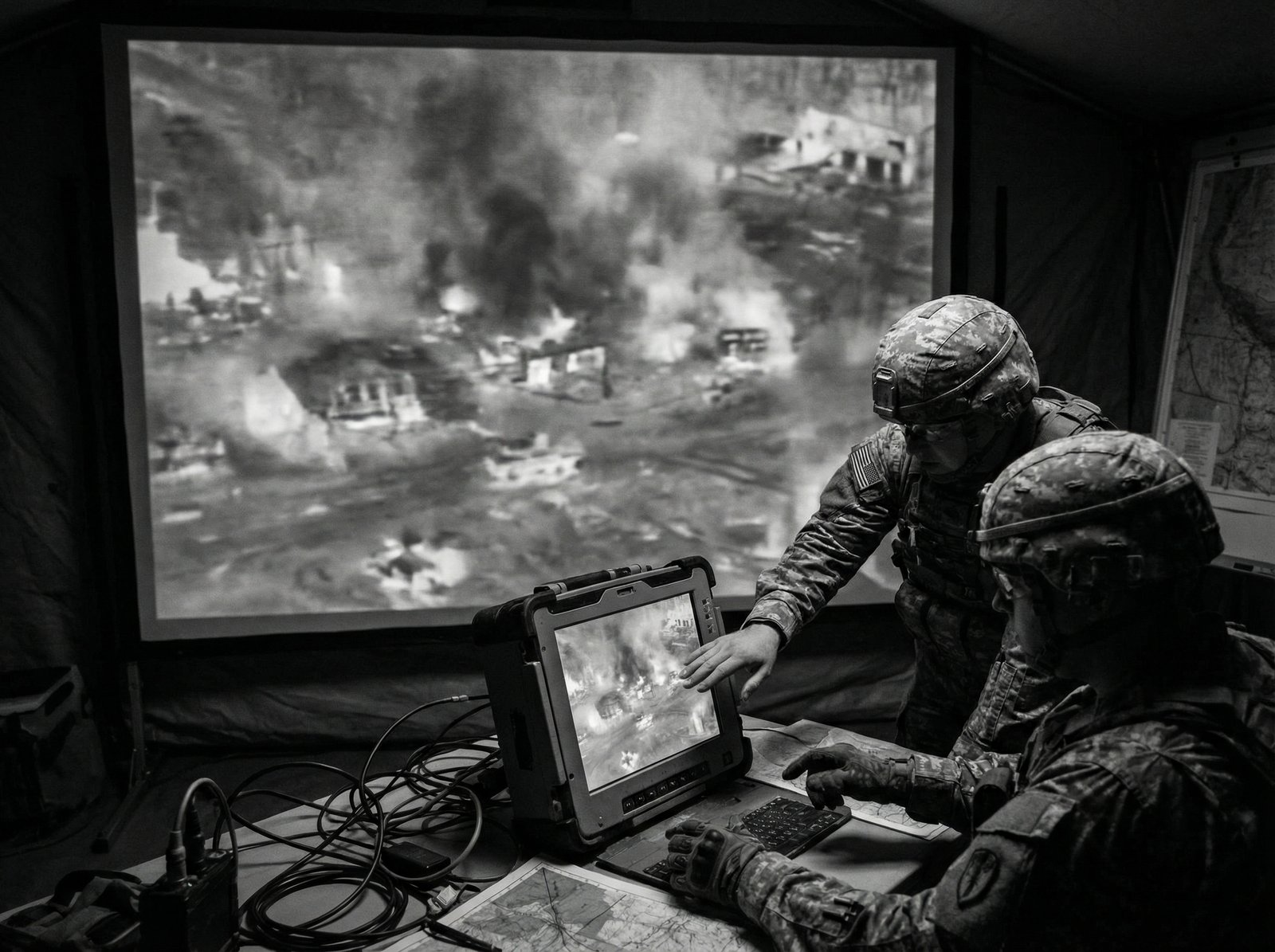 A military drone view of a war-torn landscape, with some soldiers in the foreground observing the monitor. The image should convey the difficulty of verifying battlefield claims. Aspect ratio 4:3, no visible text, informational style, high contrast.