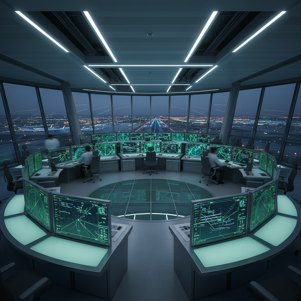A high tech airport control tower interior with glowing radar screens, modern layout, balanced lighting, no text