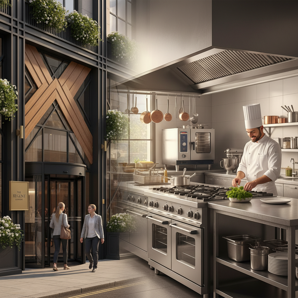 A composite image of a stylish modern hotel exterior in London and high-end professional kitchen equipment, clean layout, warm natural lighting, lifestyle photography, no text