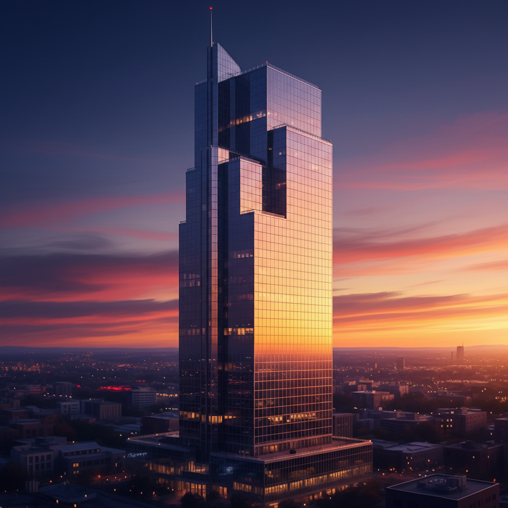 A modern high-rise office building with glass windows, sunset glow reflecting on the surface, cinematic lighting, professional atmosphere, colored background, no text