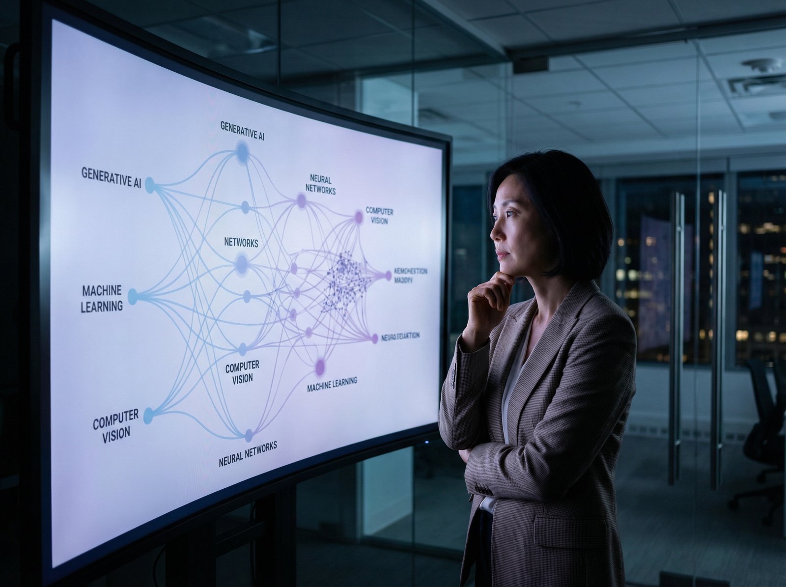 A professional analyst looking at a complex digital dashboard showing interconnected AI market segments, soft blue and purple lighting, sleek office environment, Korean appearance, high contrast, aspect ratio 4:3