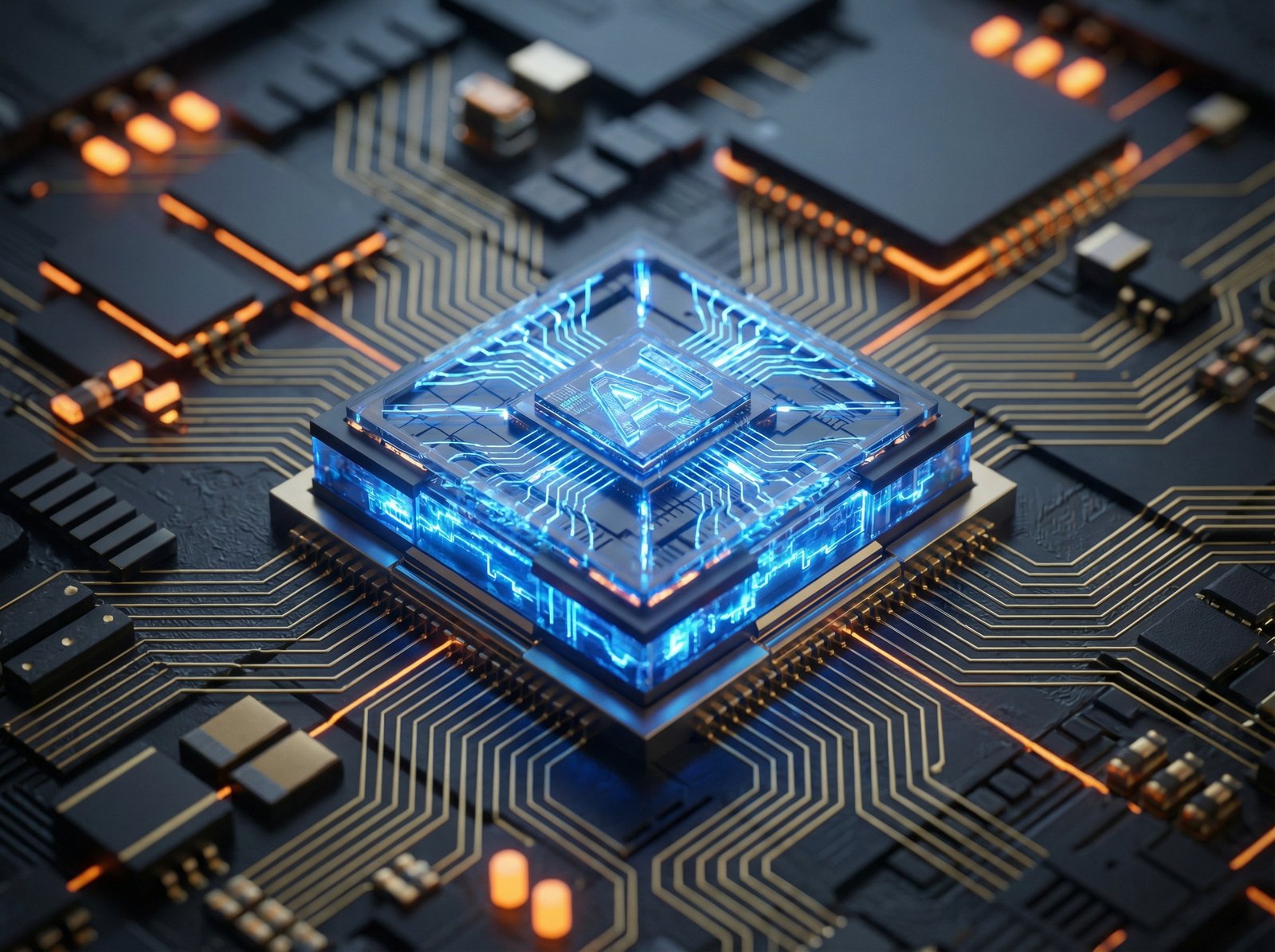 A close-up of a futuristic high-performance AI semiconductor chip glowing with blue light on a complex circuit board, professional tech photography, dark textured background with orange light accents, no text, 4:3