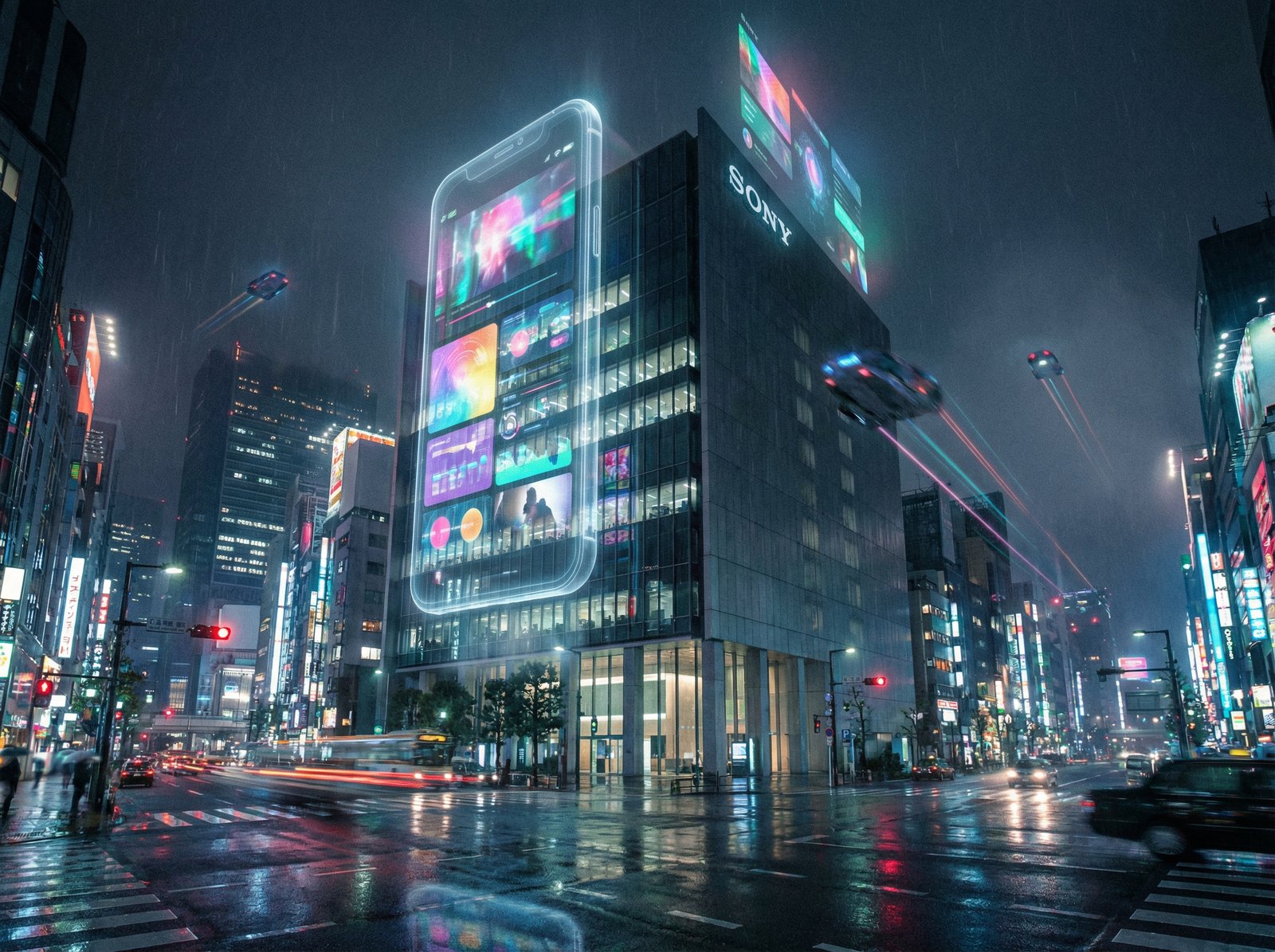 Futuristic Sony office building in Tokyo with giant holographic smartphone displays, night city view, cinematic atmosphere, 4:3 aspect ratio, no visible text