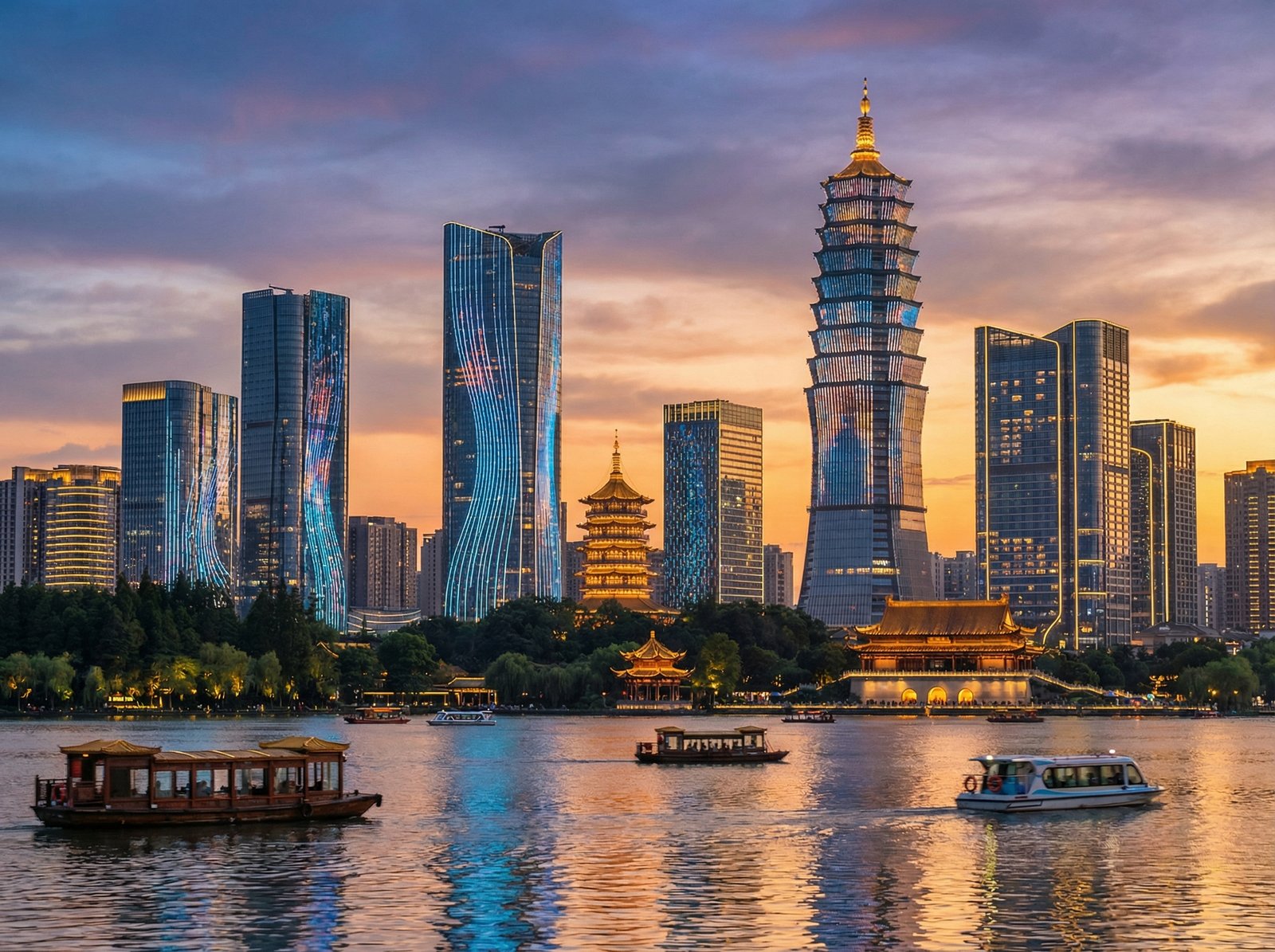 A futuristic and modern skyline of Hangzhou city at sunset reflecting on the West Lake, featuring sleek glass skyscrapers with digital light displays, a blend of traditional Chinese architecture and ultra-modern tech office buildings, cinematic lighting, 4:3 aspect ratio, no text