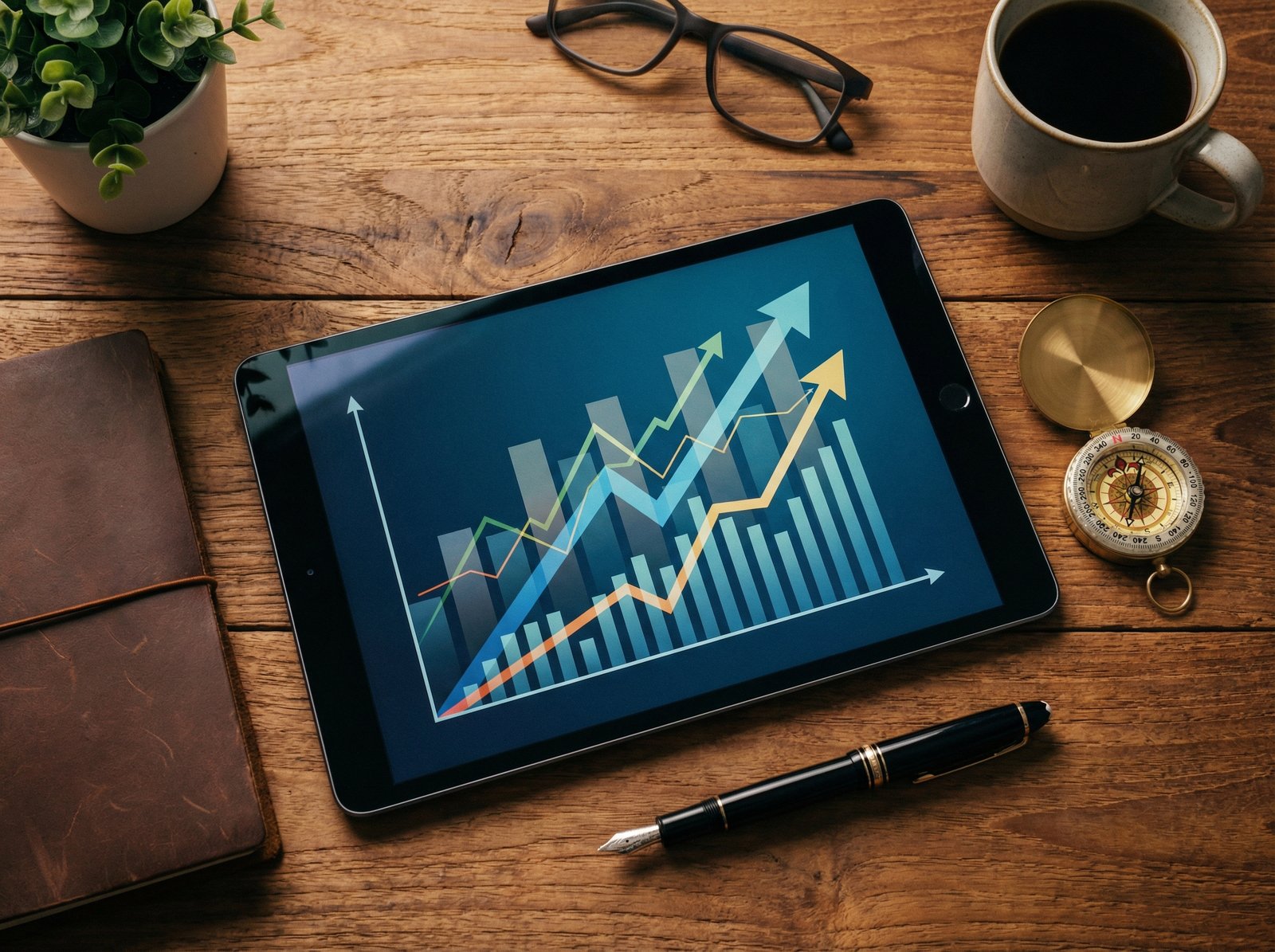 A flat lay of modern professional tools including a tablet with career growth charts, a compass, and a high-end pen on a wooden desk with warm lighting, 4:3, no visible text