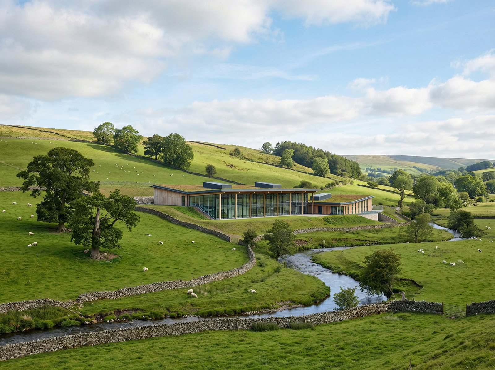 A sleek modern data center facility integrated into a lush British countryside landscape under a bright sky 4:3 no visible text