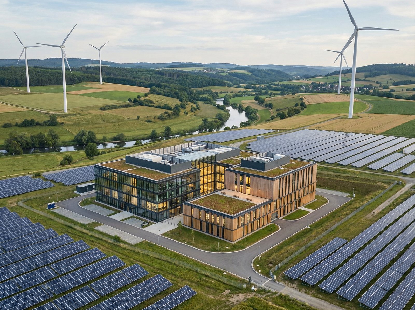 A realistic high-tech data center facility located in a rural European landscape with solar panels and wind turbines surrounding it modern architecture clean lines balanced lighting 4:3 no visible text