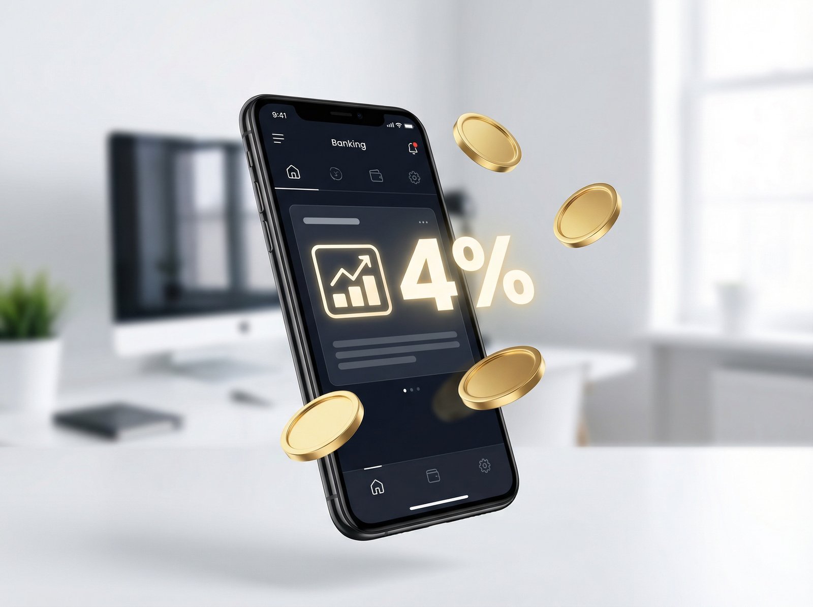 A sleek smartphone displaying a banking app with a 4 percent interest rate clearly visible on the screen, surrounded by floating golden coins and a clean office background, 4:3, high contrast, no text.