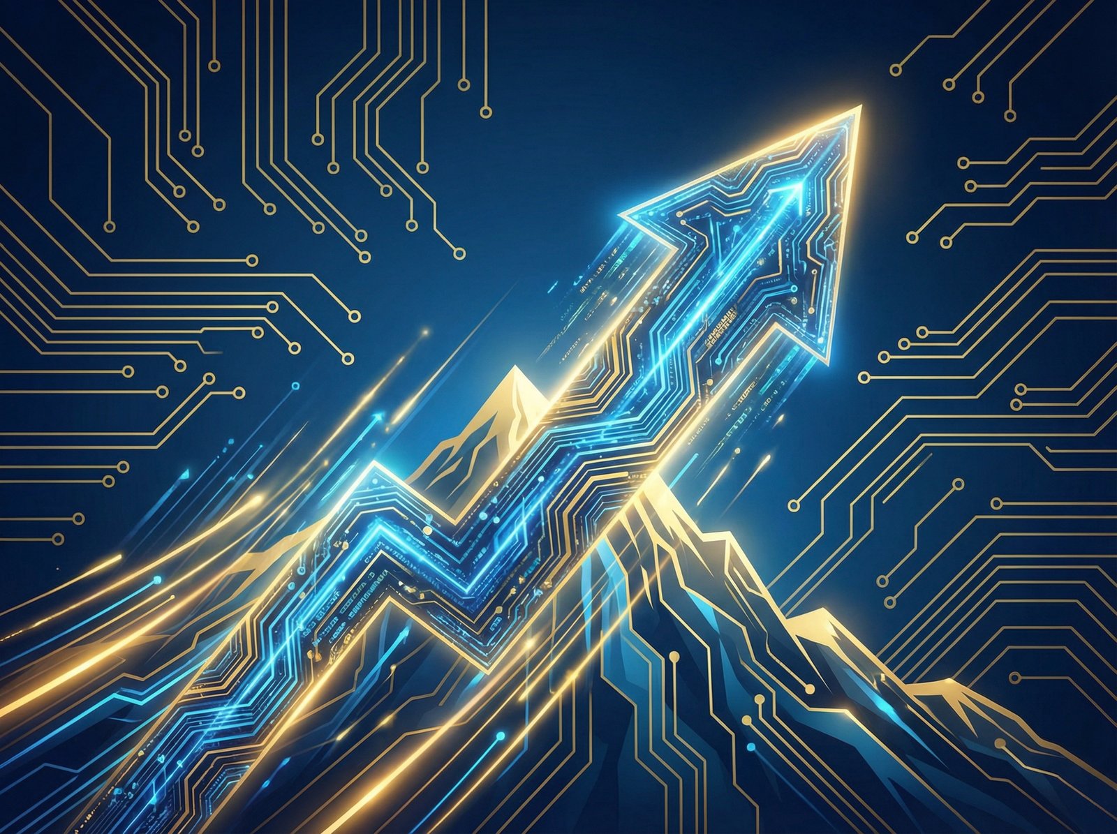 A clean modern infographic showing upward arrows and digital circuit patterns representing AI technology and economic growth, high contrast blue and gold theme, 4:3 aspect ratio, no text.