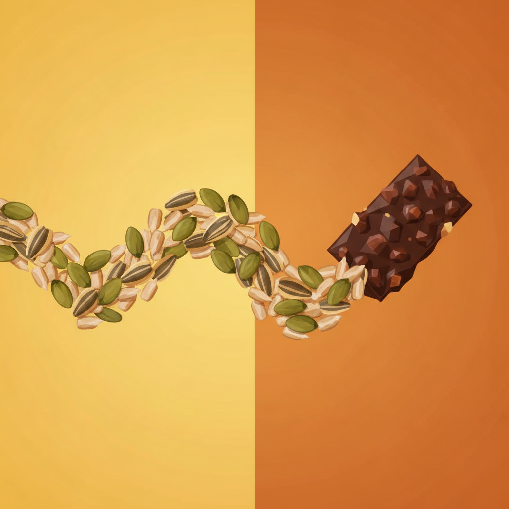 A mix of sunflower seeds and pumpkin seeds arranged beautifully next to a dark chocolate bar, clean infographic style, colored background, no text