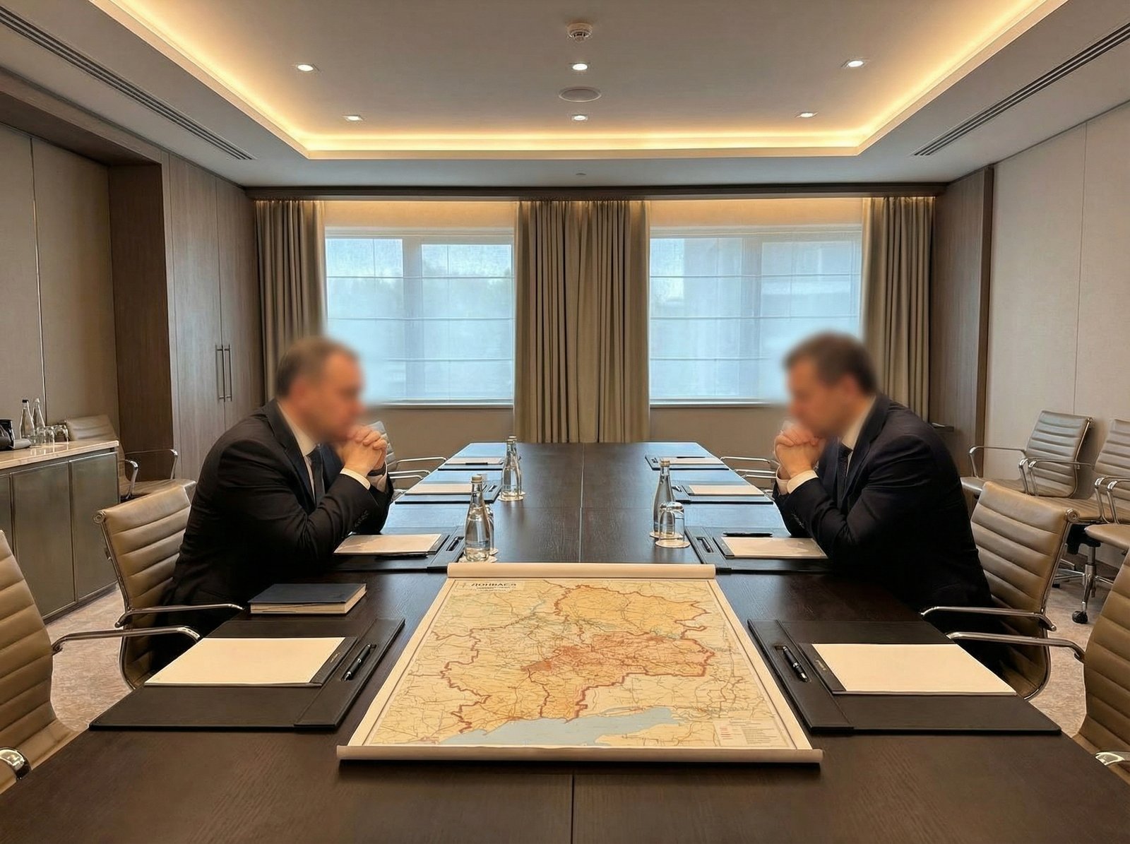 A negotiation table with documents, pens, and a map showing the Donbas region. The setting is a formal conference room with a modern design and soft lighting. The focus is on the map and the serious atmosphere of the negotiation. Aspect ratio 4:3, no visible text.