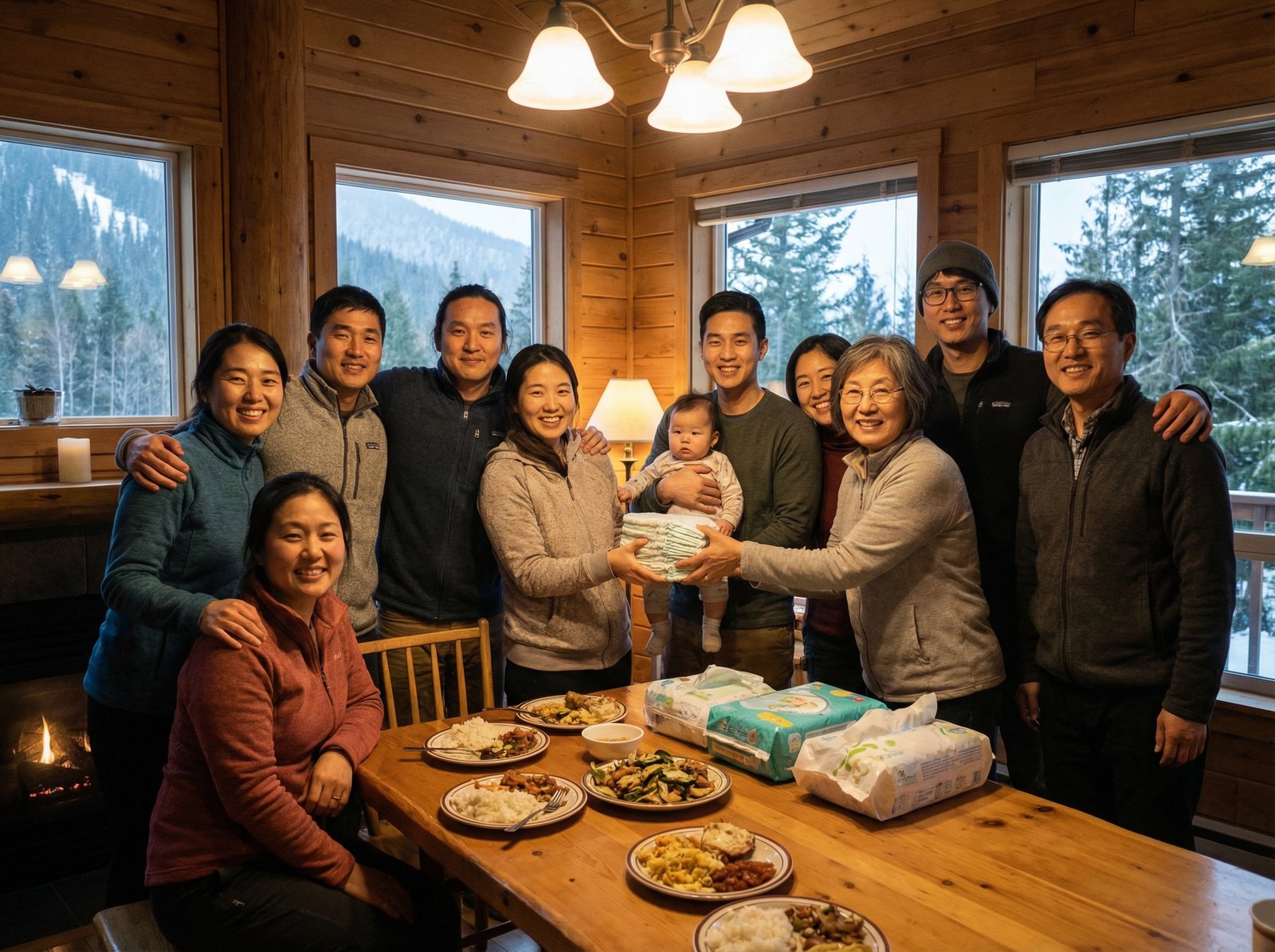 A group of diverse people in a cozy mountain cabin sharing food and diapers with a young family warm interior lighting emotional and kind atmosphere Korean appearance people included natural setting aspect ratio 4 3