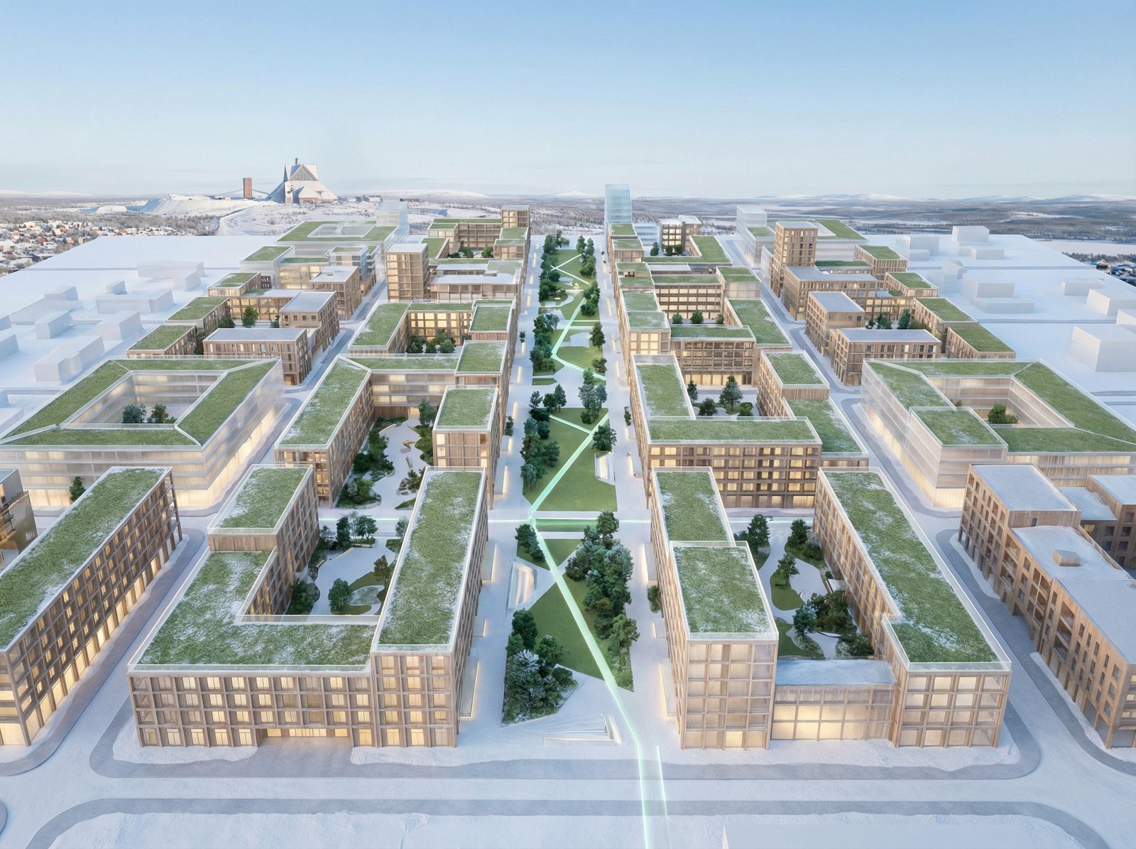 An architectural rendering or infographic showing the planned layout of the new Kiruna city, with a grid pattern, modern buildings, and green spaces, under a cold but clear sky. Informational style, 4:3 aspect ratio, no visible text.