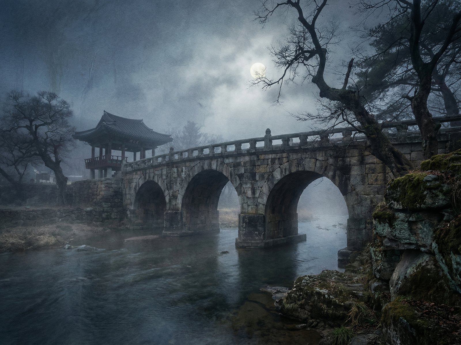 An artistic rendering of a traditional Korean stone bridge at night under moonlight, dark foggy atmosphere, historical Korean architecture, textured background, 4:3
