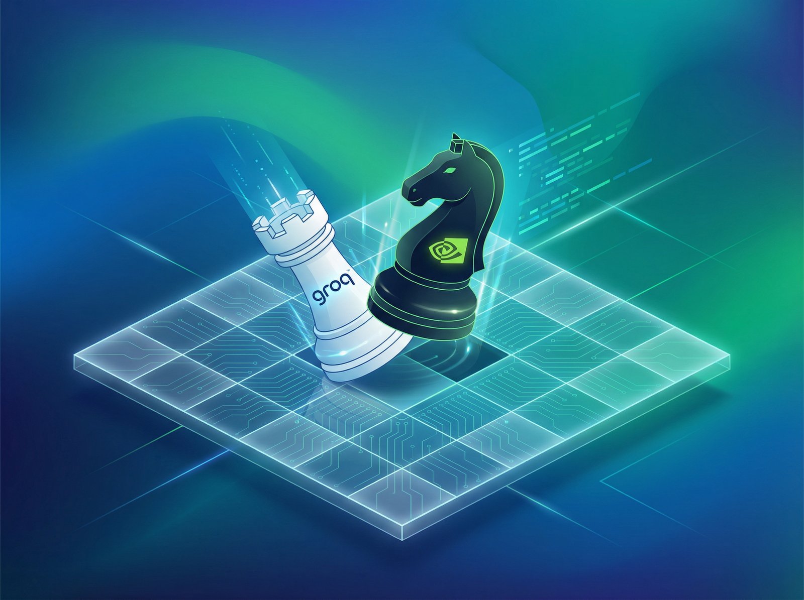 A sleek, modern infographic depicting a strategic chess move with Nvidia's logo on one piece and Groq's on another, signifying an acquisition. The background is a gradient of tech blues and greens, no visible text, 4:3 aspect ratio.