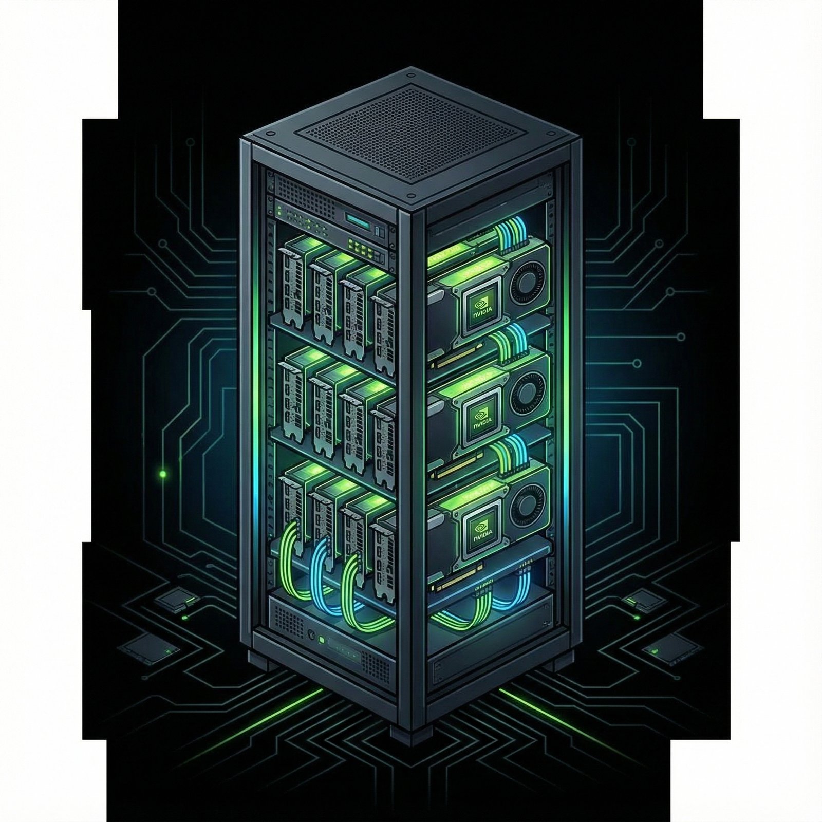 A sleek server rack filled with multiple Nvidia H100 GPUs, glowing subtly, clean infographic style, modern layout, high contrast, no visible text, 1:1 aspect ratio.