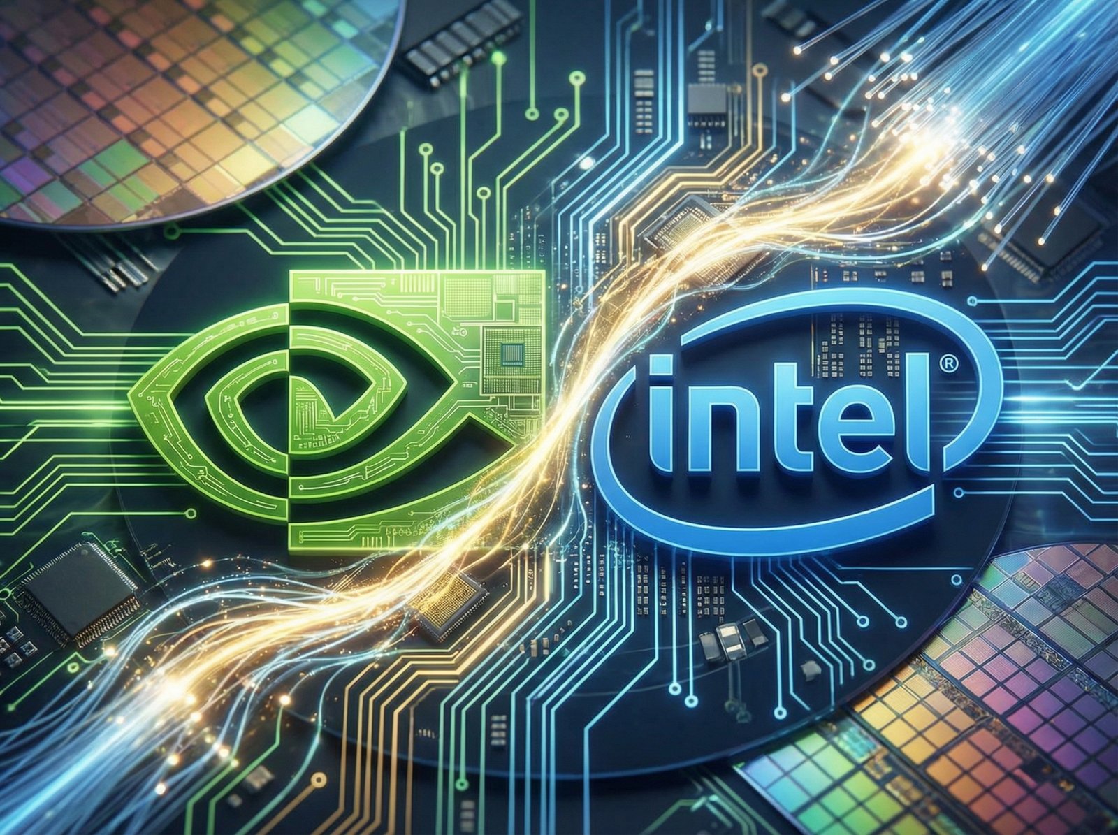 A conceptual image showing Nvidia and Intel logos subtly merging or interacting, symbolizing a strategic partnership in the semiconductor industry. Modern, high-tech design, clean infographic style, high contrast, no visible text, aspect ratio 4:3.