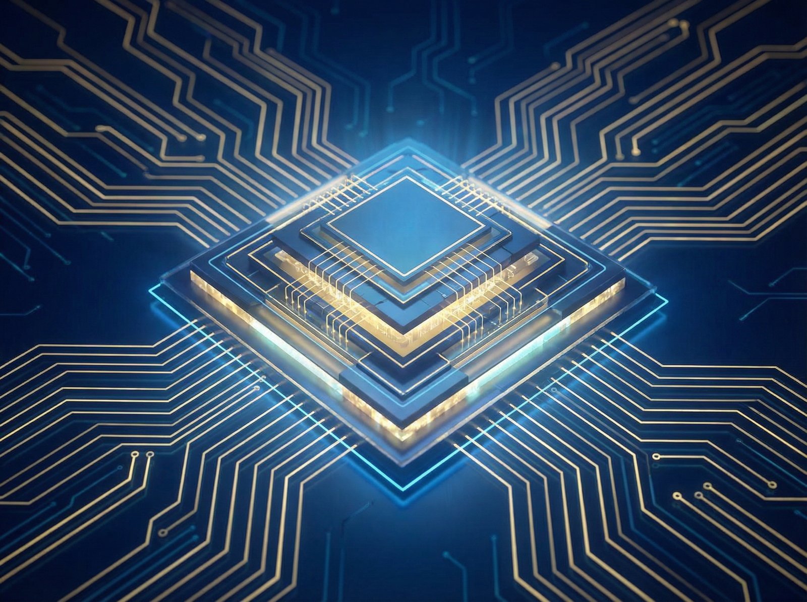 A high-tech digital background showing glowing circuit patterns and a stylized representation of AI chip architecture with a golden and blue color palette, 4:3 aspect ratio, no visible text