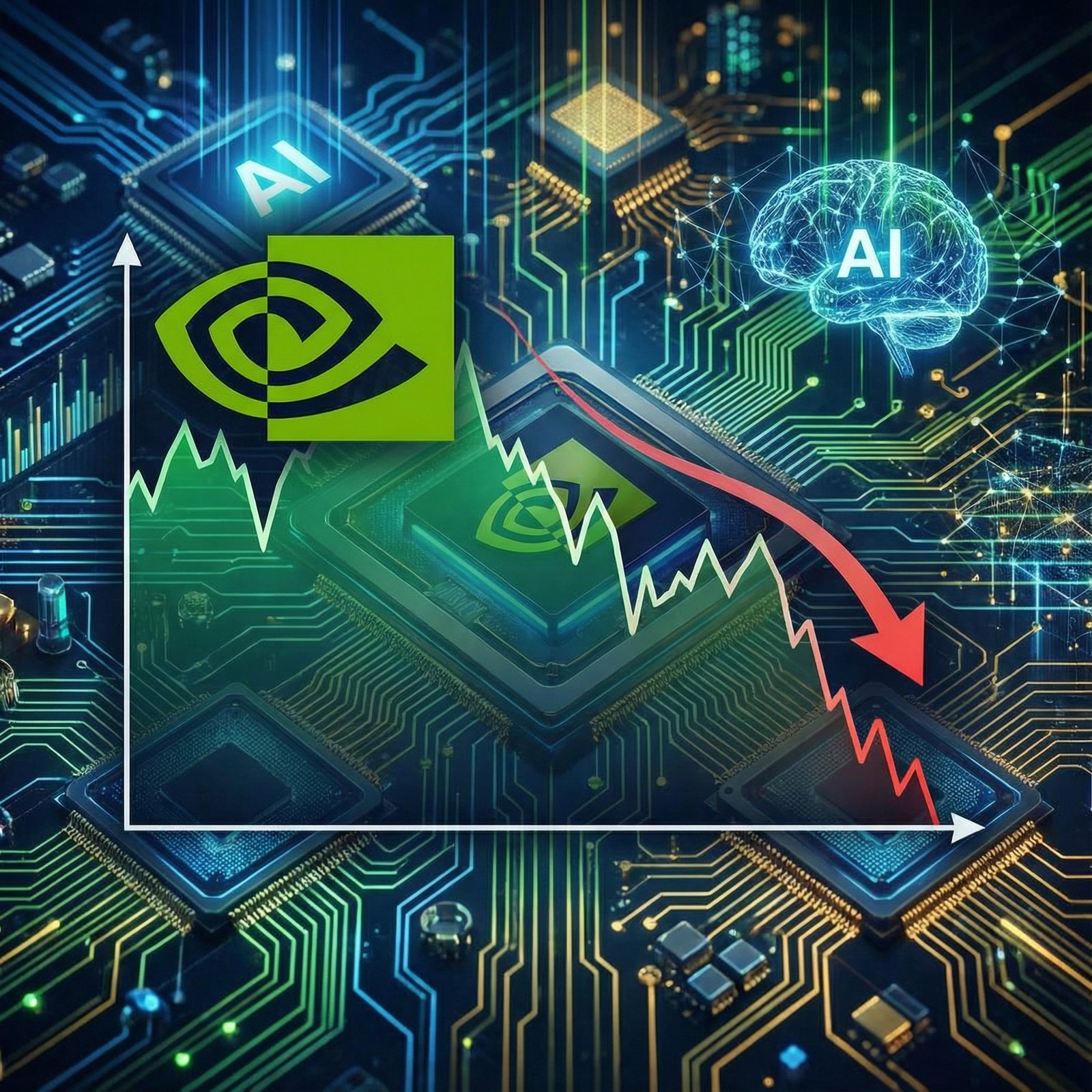 A subtle downturn arrow on a stock chart, with the Nvidia logo visible. The background shows abstract representations of AI chips and data, suggesting the company's focus. Informational style, modern layout, high contrast, no visible text, 1:1 aspect ratio.