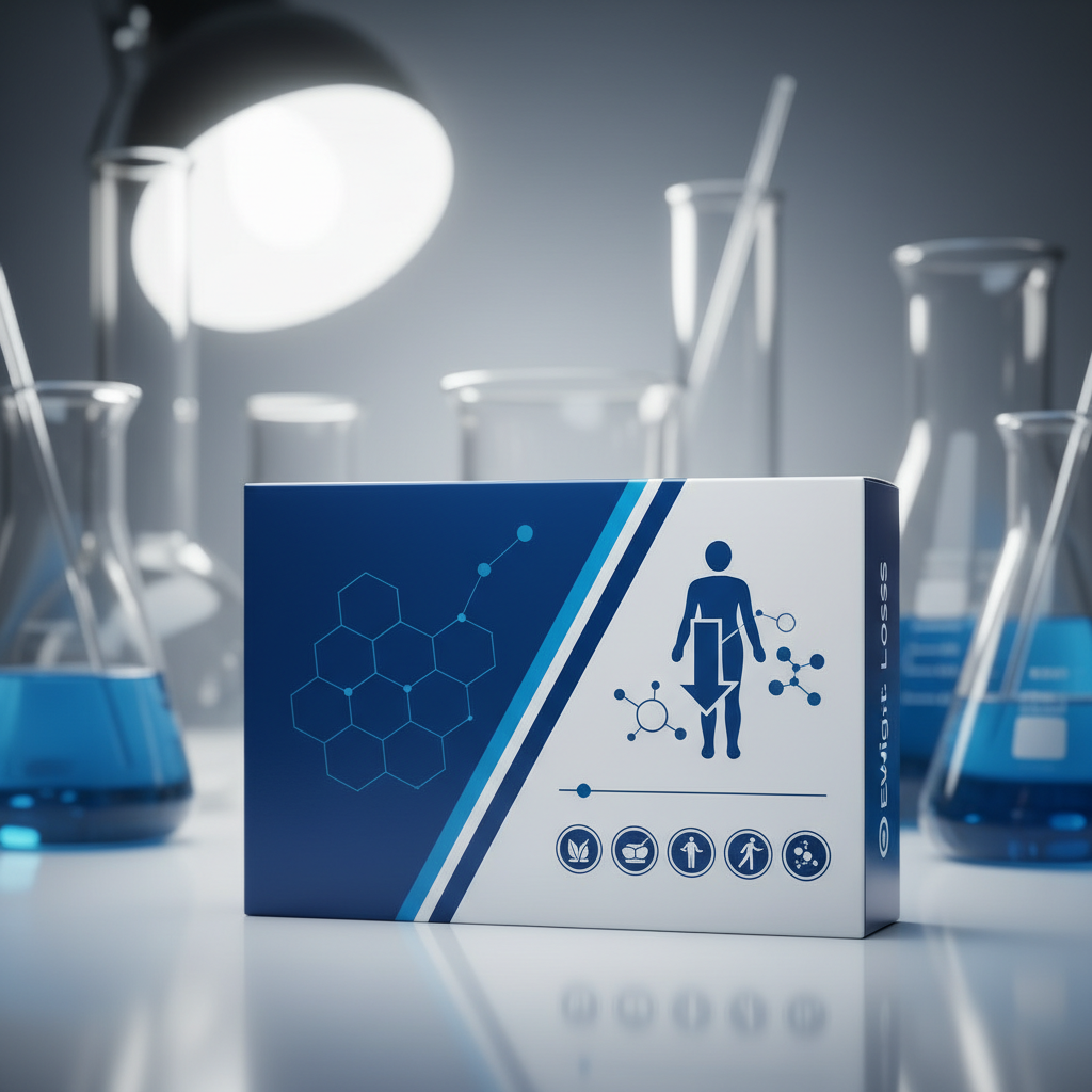 Close up of modern pharmaceutical packaging for weight loss medication blue and white professional design laboratory setting bright balanced lighting high contrast infographic style no text