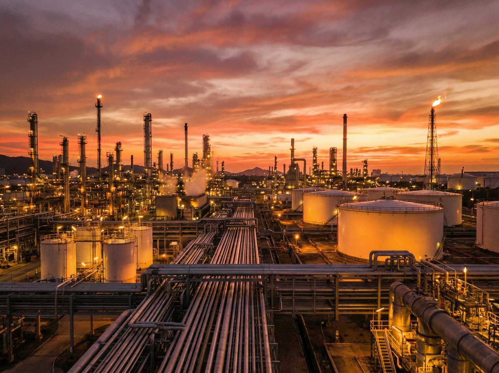 A panoramic view of a large oil refinery complex at sunset, with pipelines and storage tanks illuminated by warm light. Industrial landscape, no visible text, aspect ratio 4:3.