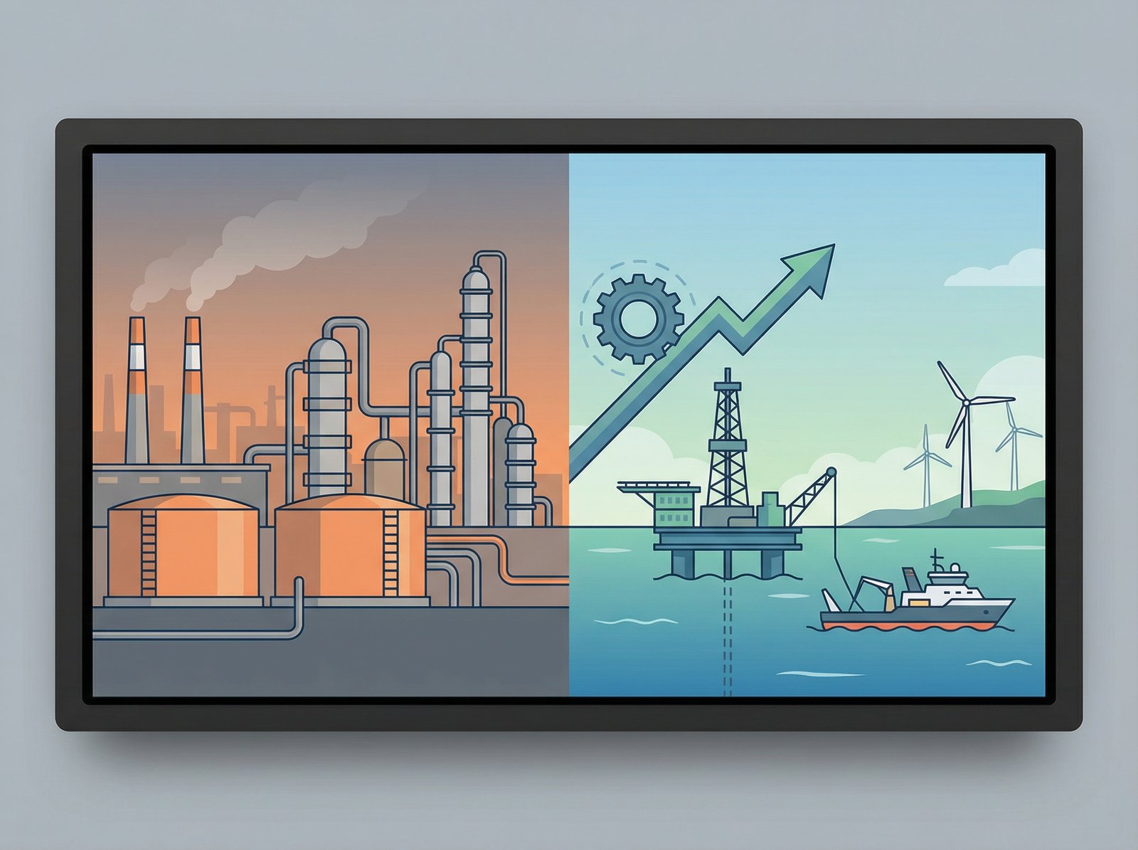 A split image showing an oil refinery on one side and an oil exploration and production site on the other, symbolizing a shift in investment focus, clean infographic style, 4:3 aspect ratio, no visible text