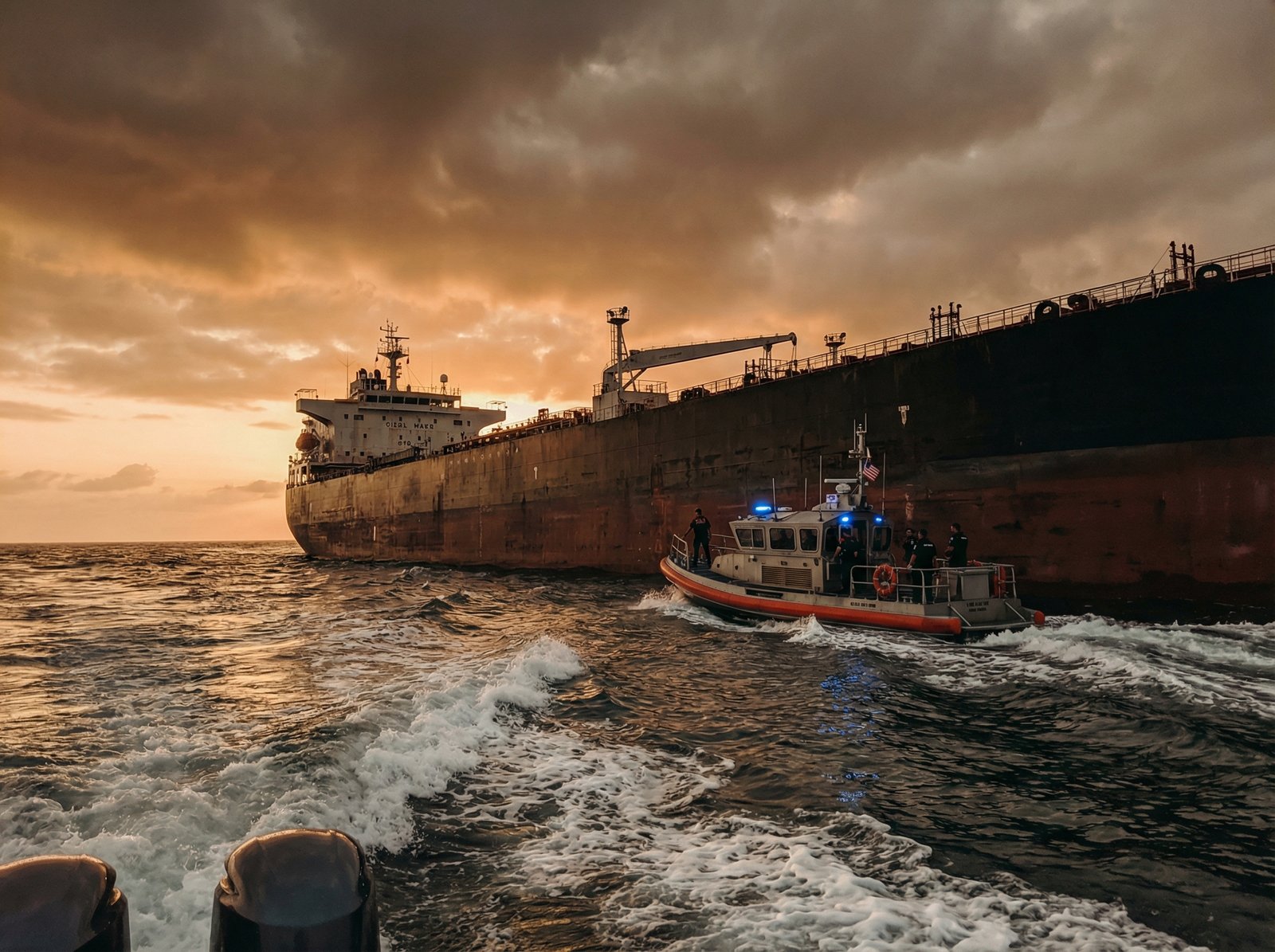 A dramatic scene of a large oil tanker being intercepted by a patrol boat at sea, with a backdrop of a cloudy sky and rough waves. The composition focuses on the tension and power dynamics. The style is lifestyle photography with warm lighting. 4:3, no visible text