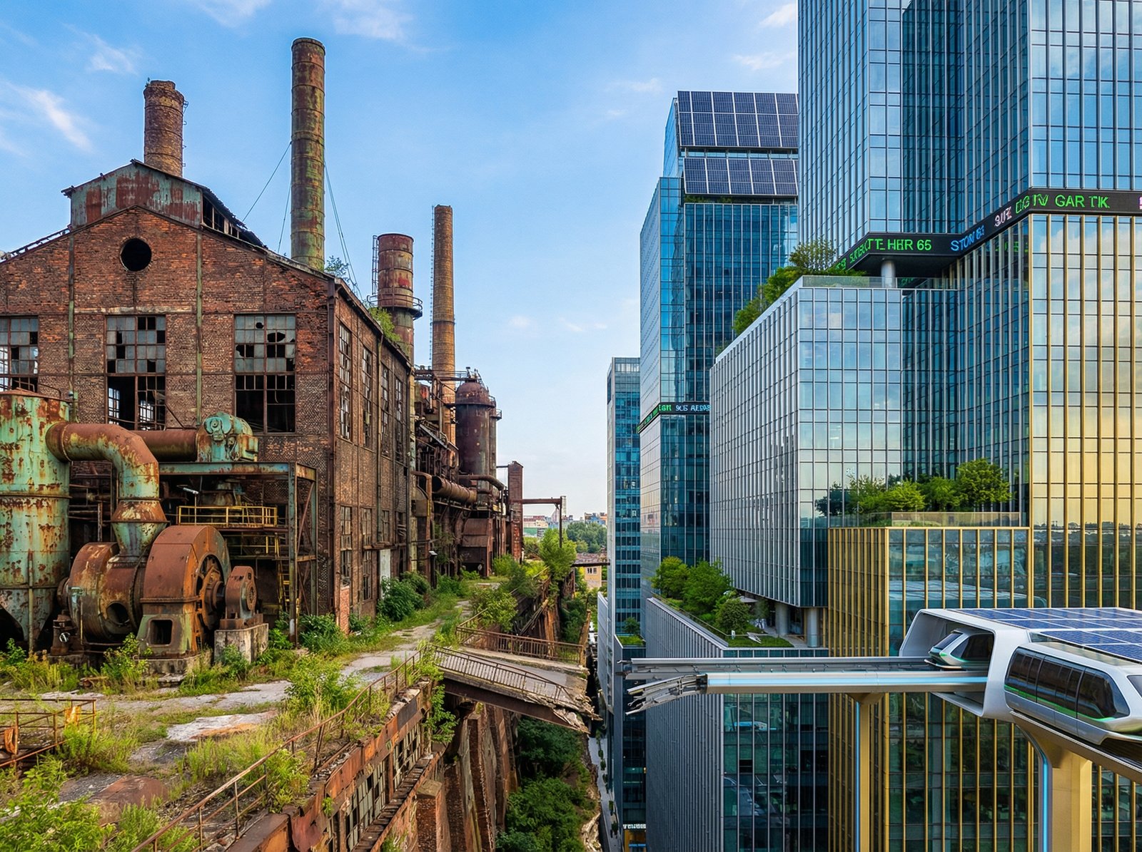 A visual metaphor showing a rusty old factory and a shiny modern financial skyscraper, sharp focus, vibrant colors, 4:3