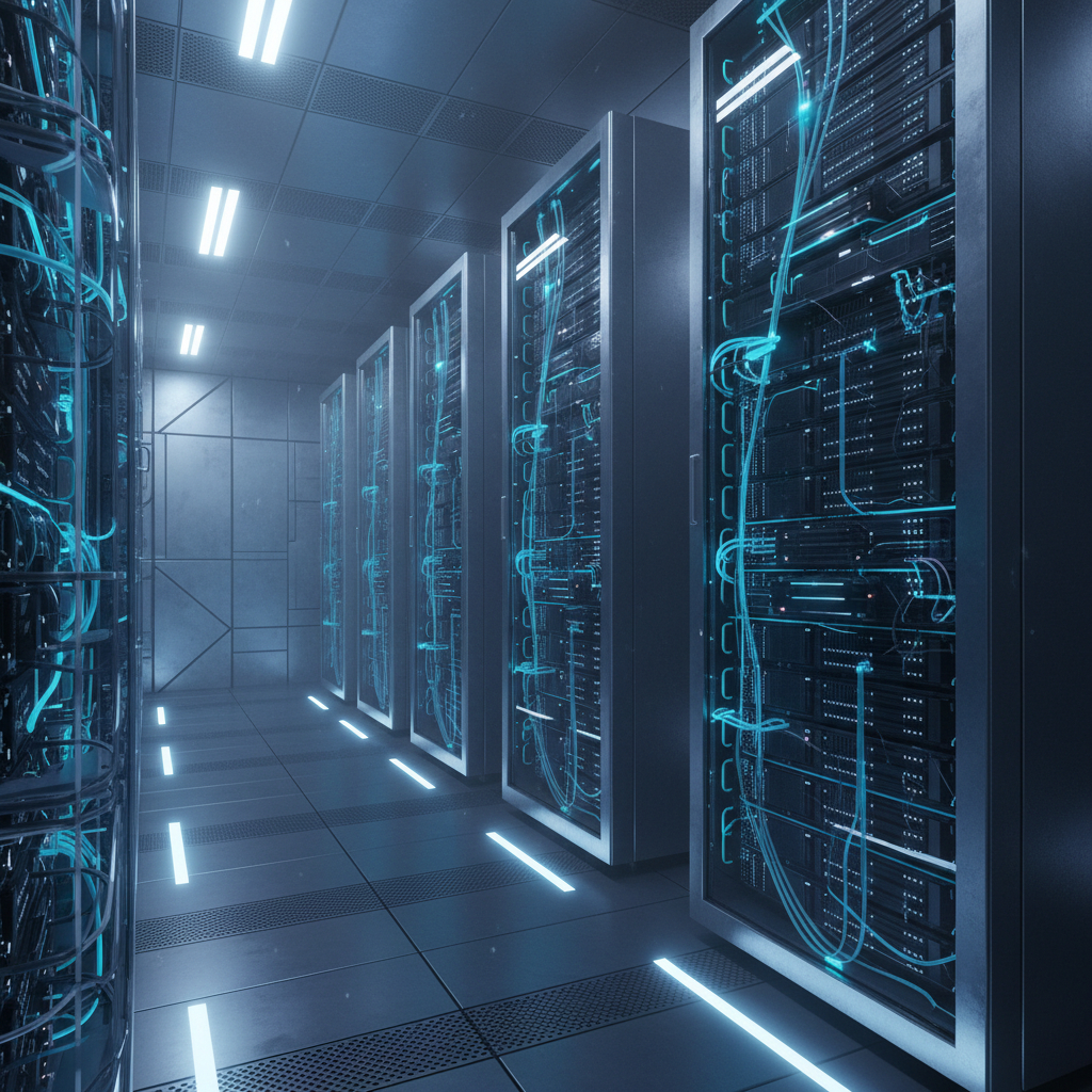 A high-tech server room with glowing blue lights, representing secure data storage, professional photography, rich textured background, no text