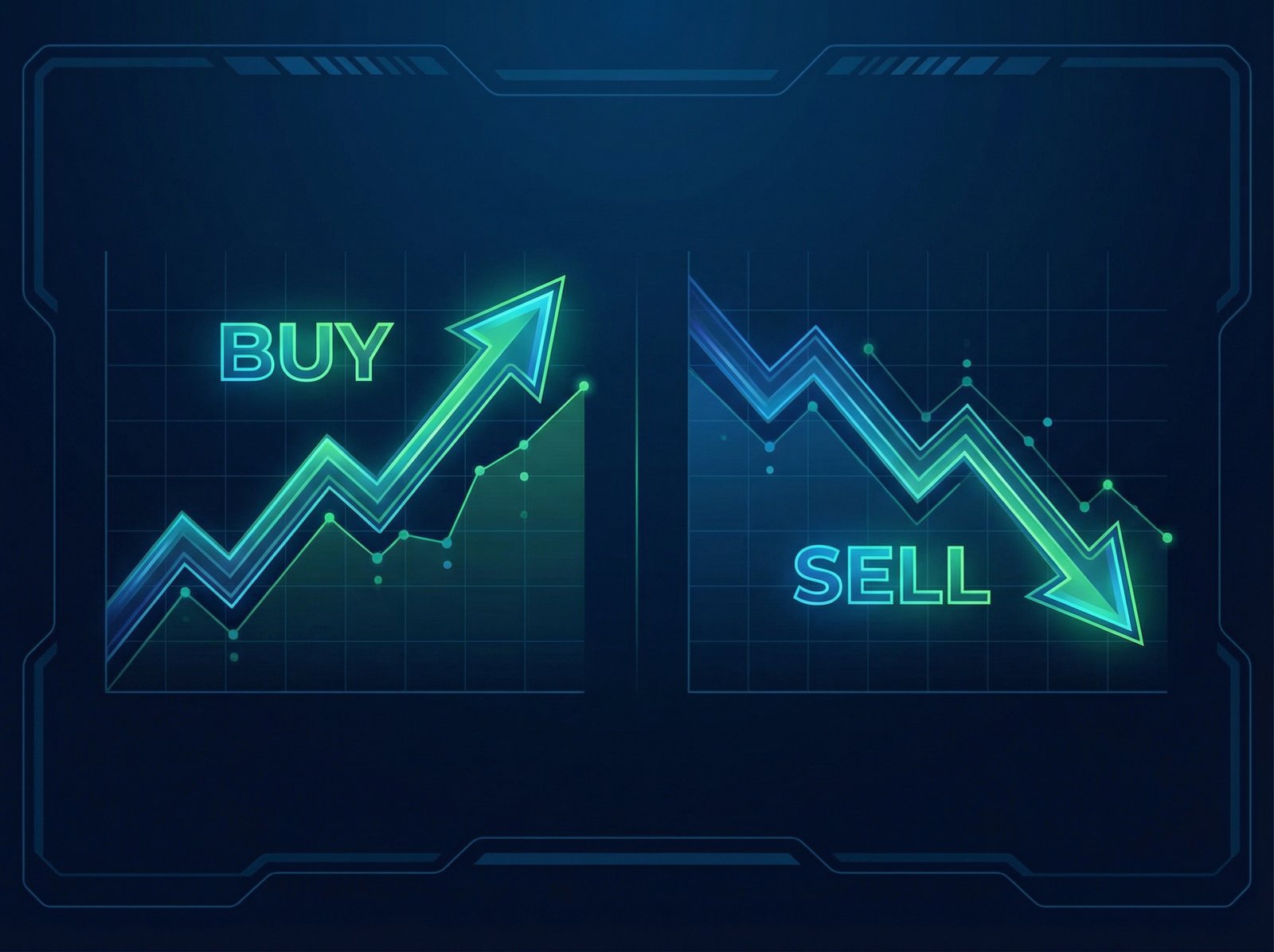 A sleek, modern infographic displaying a rising stock chart with a "BUY" arrow and a falling stock chart with a "SELL" arrow, representing overbought and oversold concepts. Use a blue and green color scheme for clarity. No visible text. Aspect ratio 4:3.