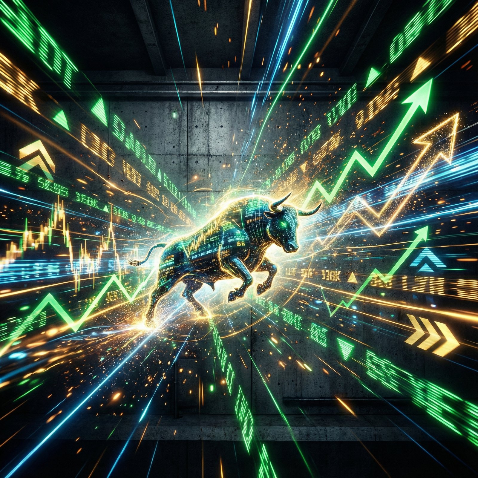 A dynamic image representing strong market performance, with a digital overlay of stock tickers and positive trend lines. Use vibrant colors against a dark, textured background. No visible text. Aspect ratio 1:1.