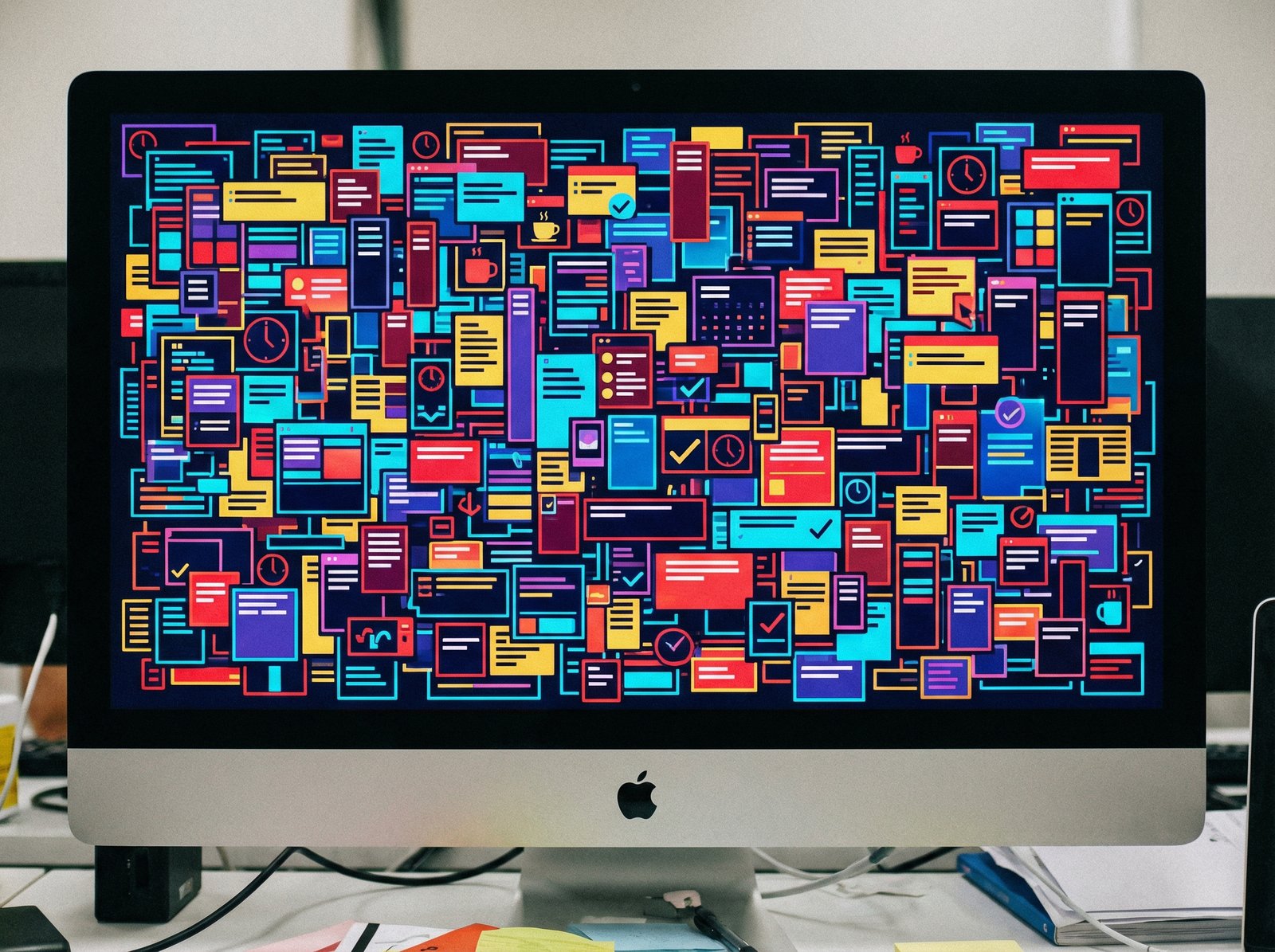 A cluttered digital work calendar showing many overlapping meetings and tasks on a computer screen, symbolizing an overwhelming schedule. Modern layout, high contrast, clean infographic style, no visible text, 4:3 aspect ratio.
