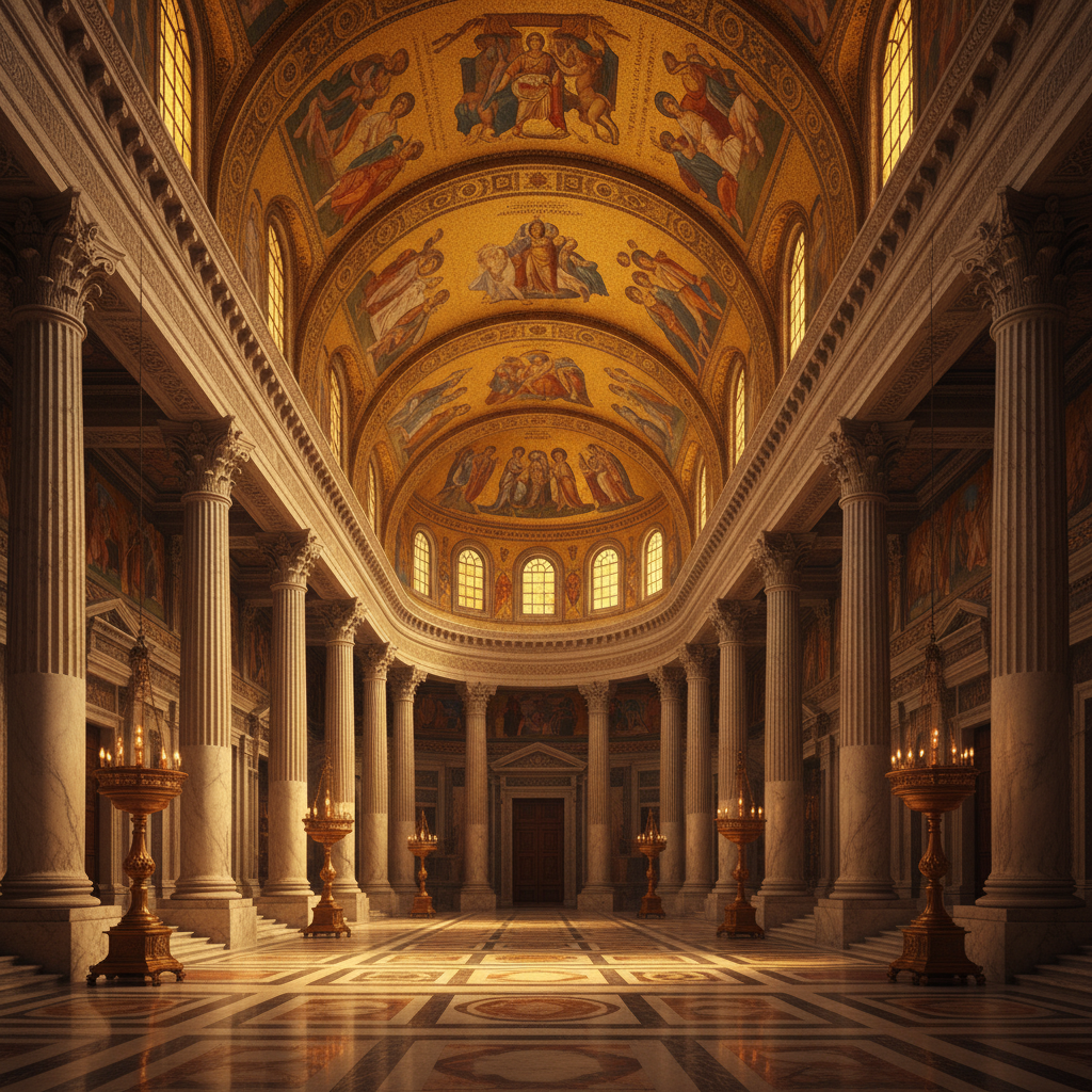 Interior of a grand Roman basilica with golden mosaics and marble columns, artistic rendering, textured background, warm lighting, no text